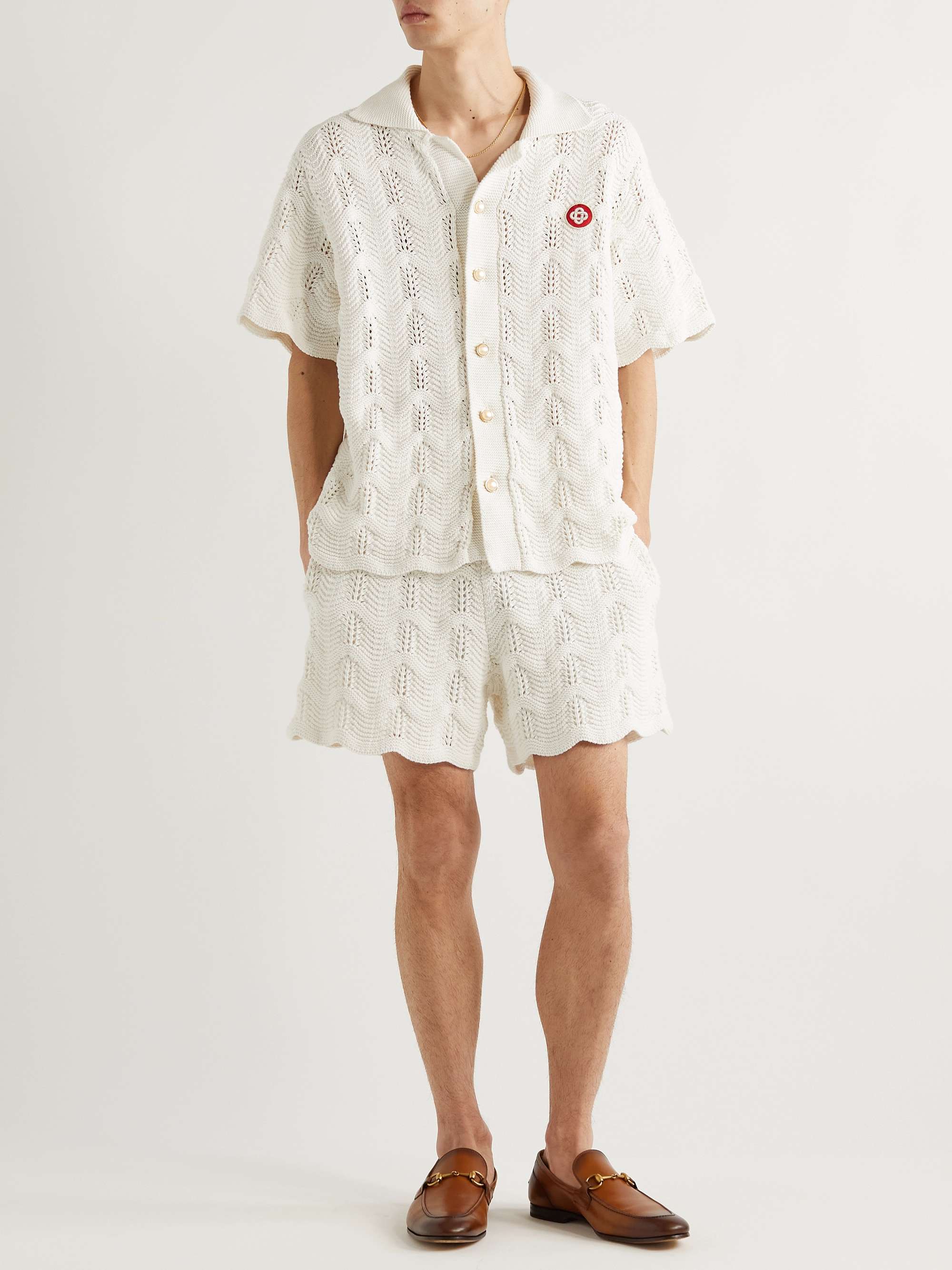 CASABLANCA Camp-Collar Logo-Appliquéd Crochet-Knit Cotton Shirt