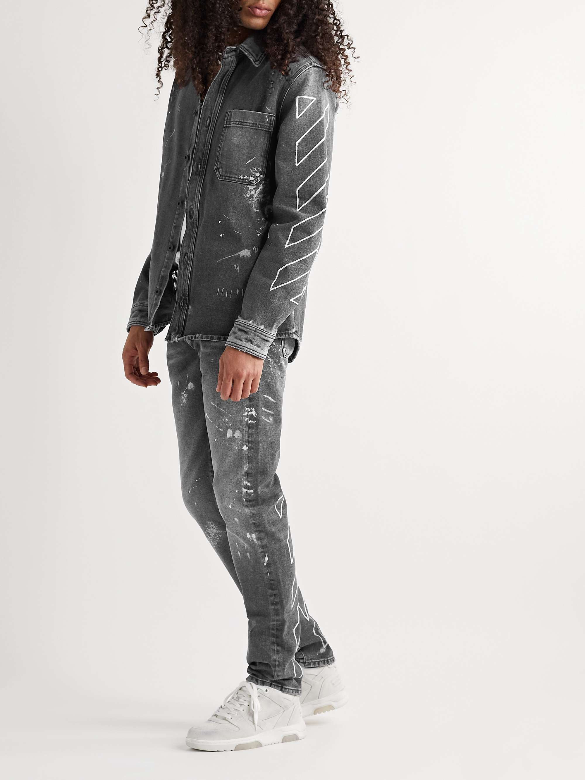 OFF-WHITE Slim-Fit Paint-Splattered Embroidered Jeans for Men | MR