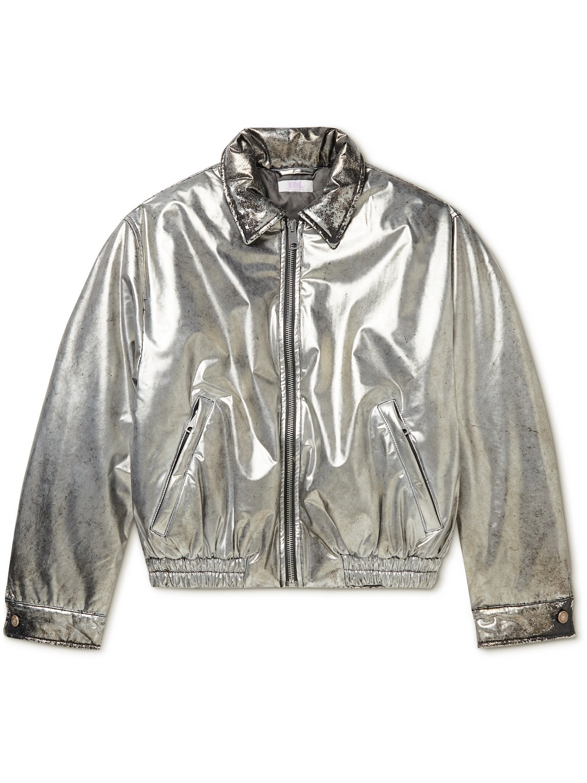 Distressed Metallic PU Bomber Jacket