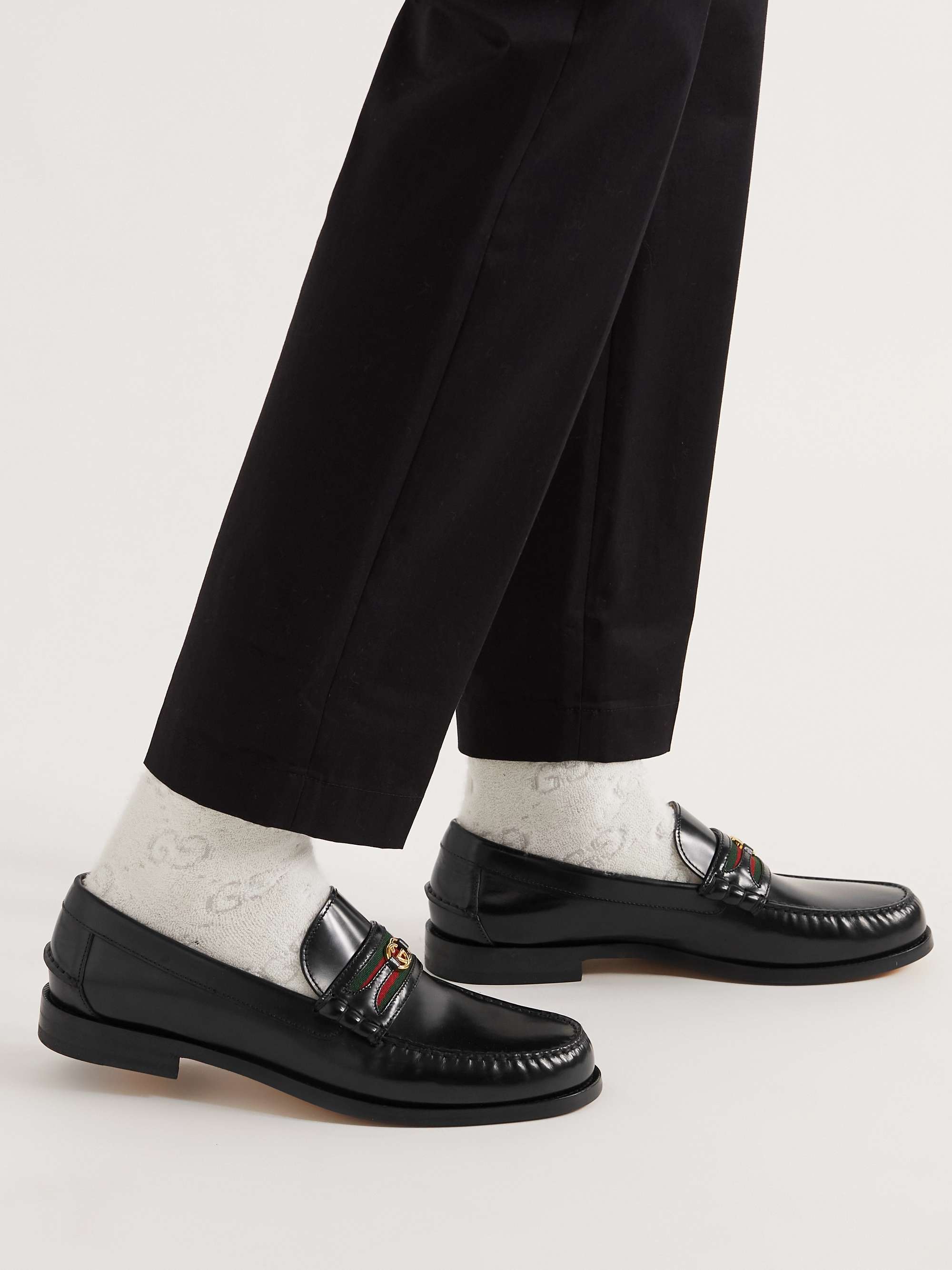 GUCCI Kaveh Webbing-Trimmed Leather Loafers