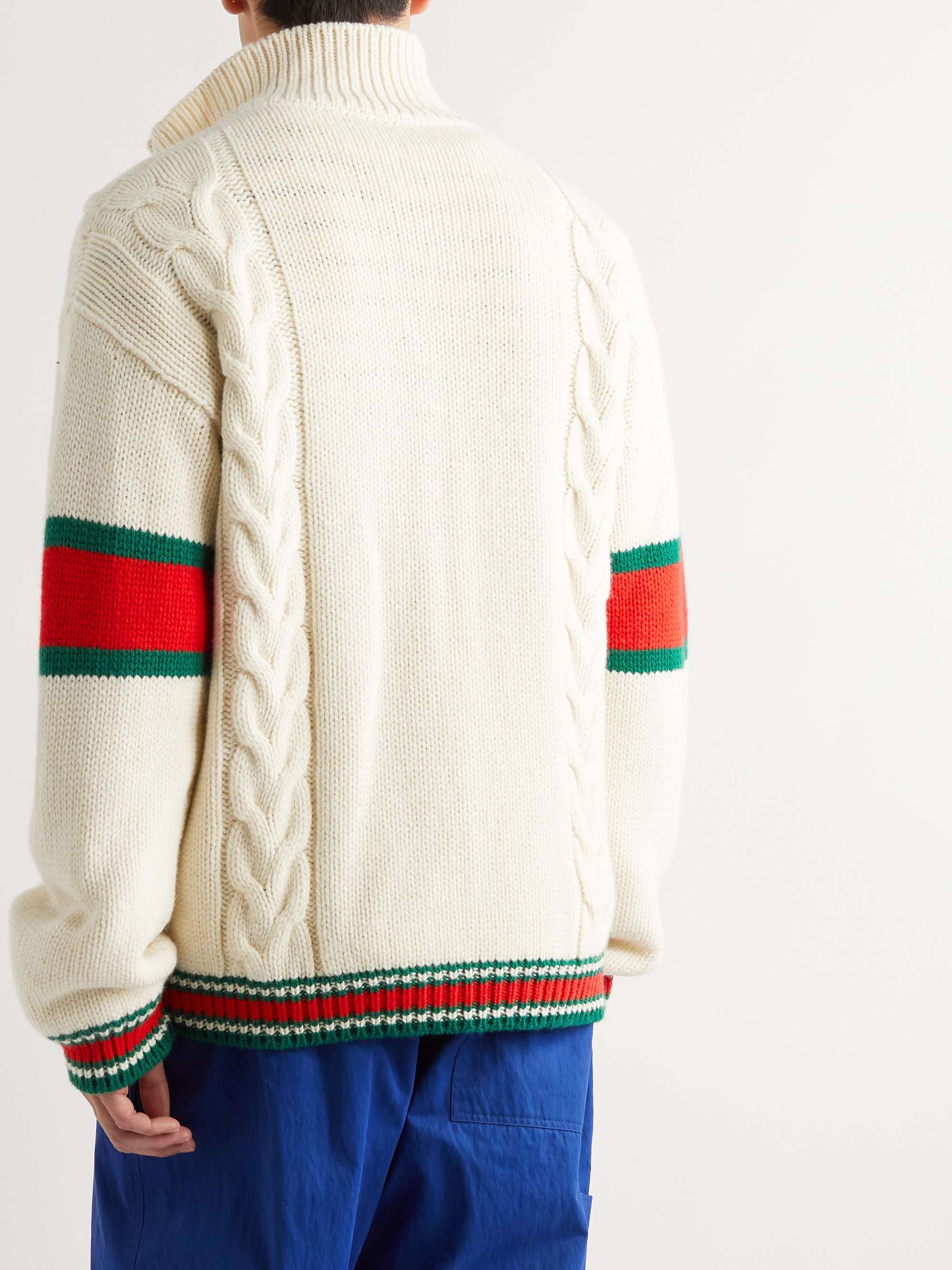 GUCCI Striped Cable-Knit Wool Zip-Up Cardigan