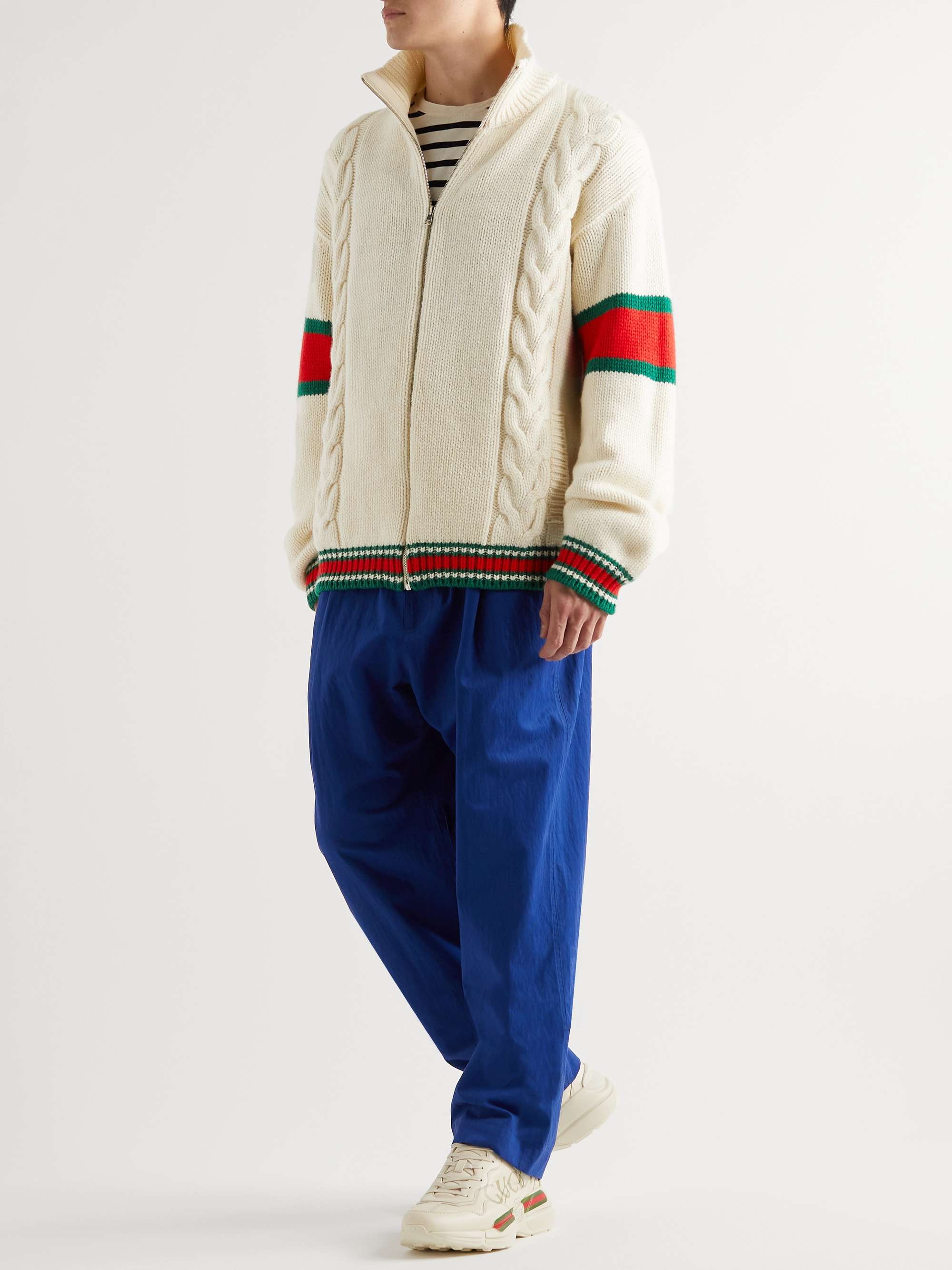 GUCCI Striped Cable-Knit Wool Zip-Up Cardigan