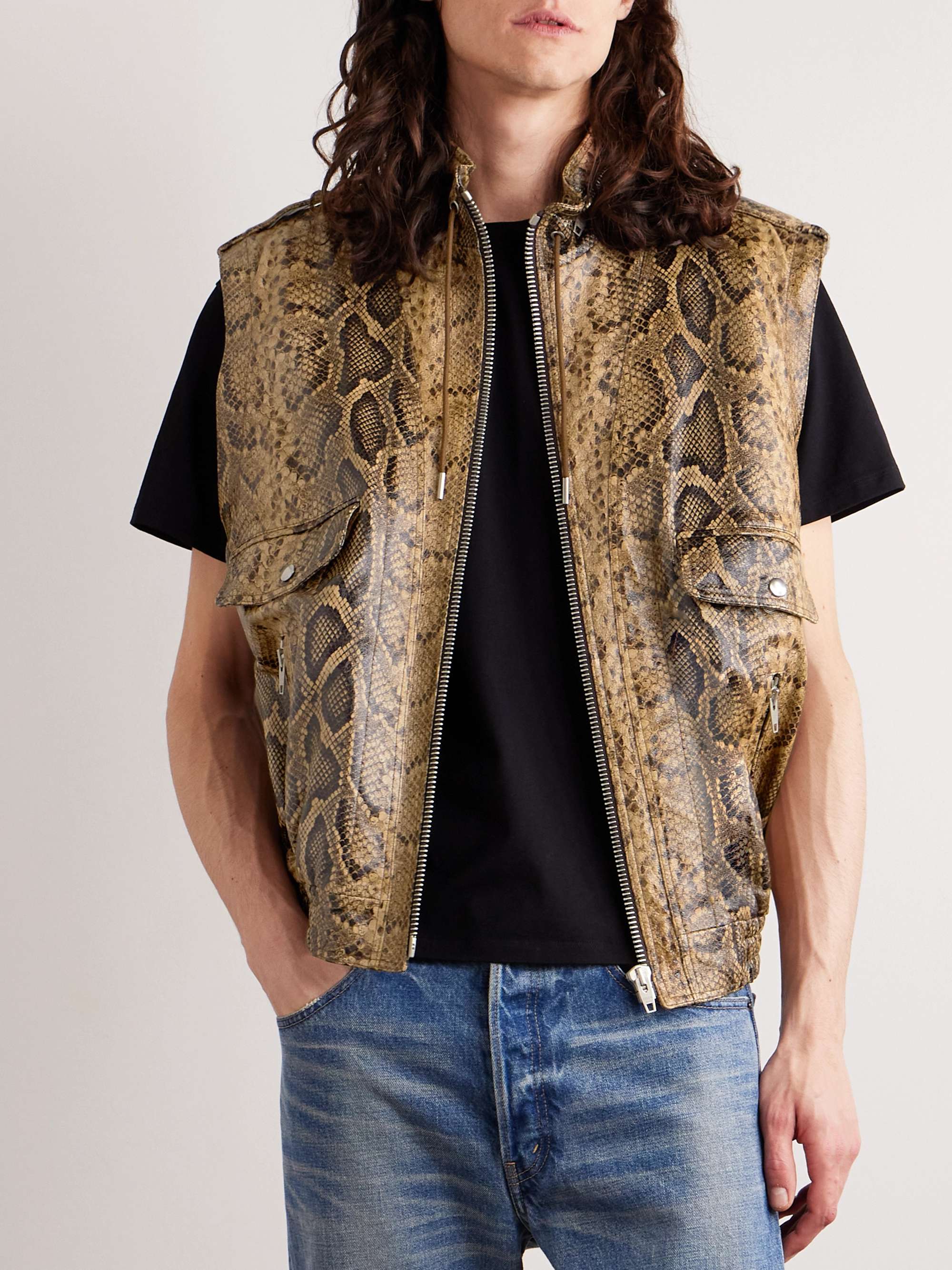 CELINE Convertible Zip-Detailed Snake-Effect Leather Jacket