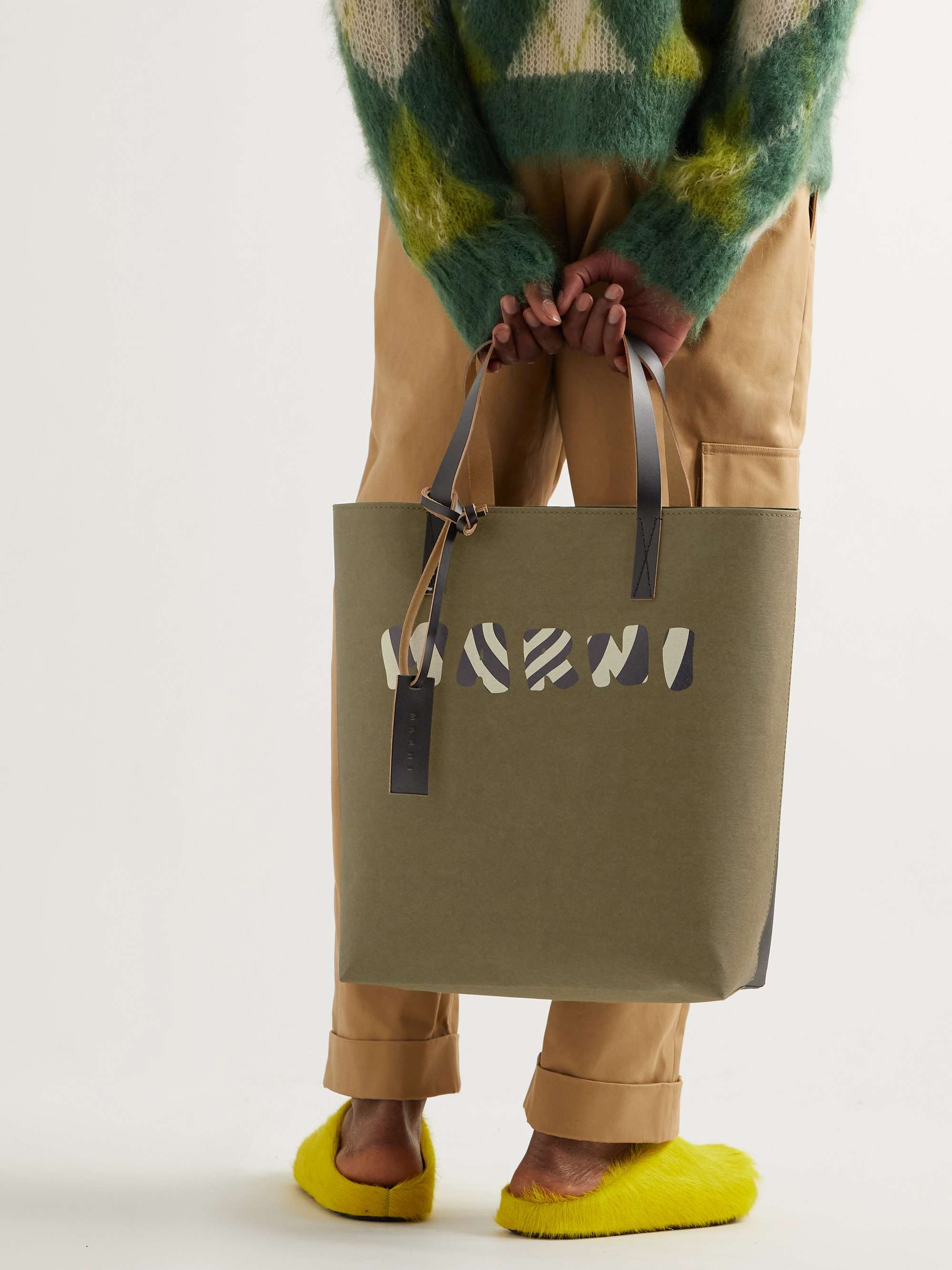 MARNI Tribeca Leather-Trimmed Logo-Print Coated-Paper Tote Bag