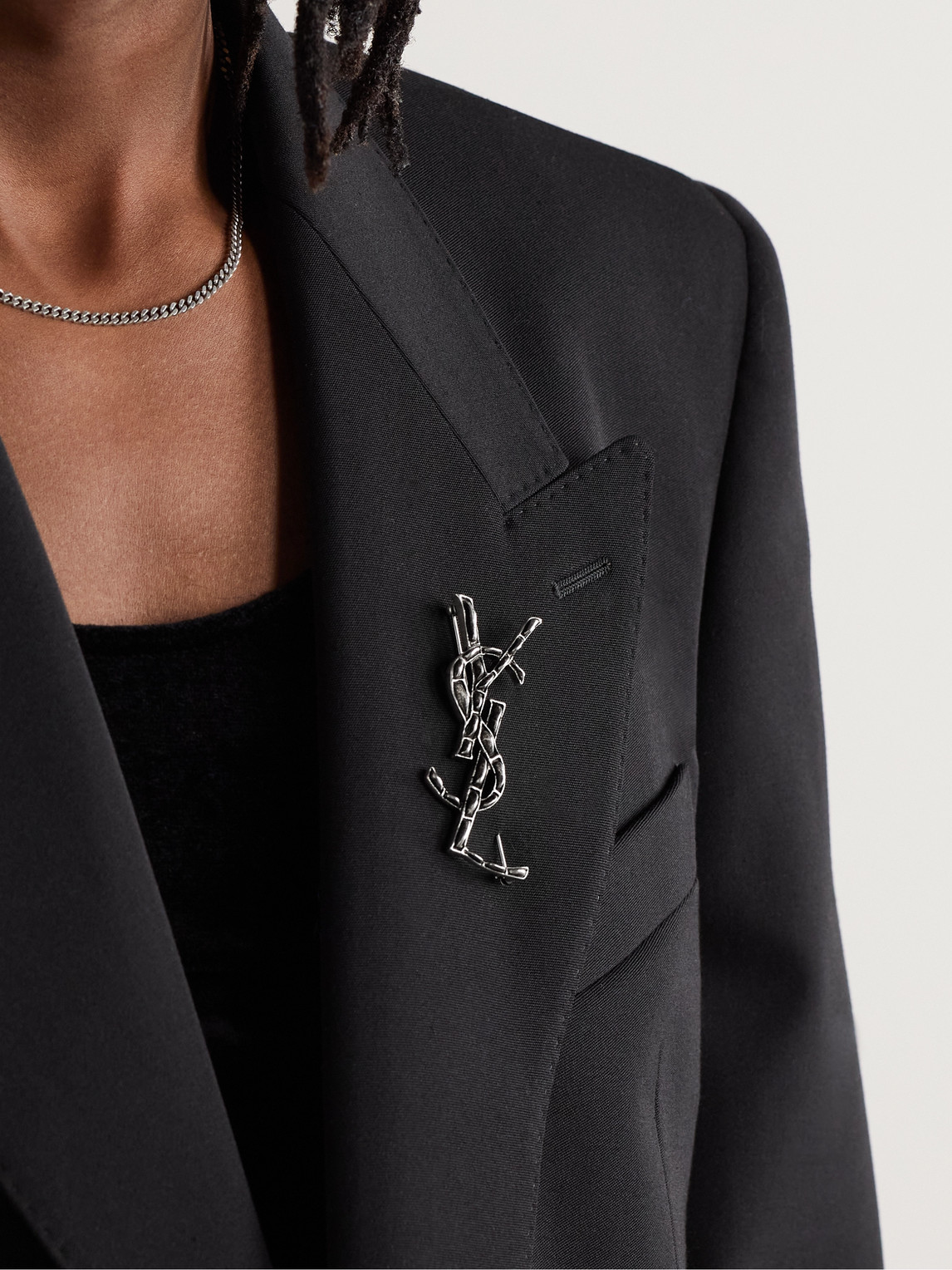Saint Laurent Opyum Logo Brooch In Silver