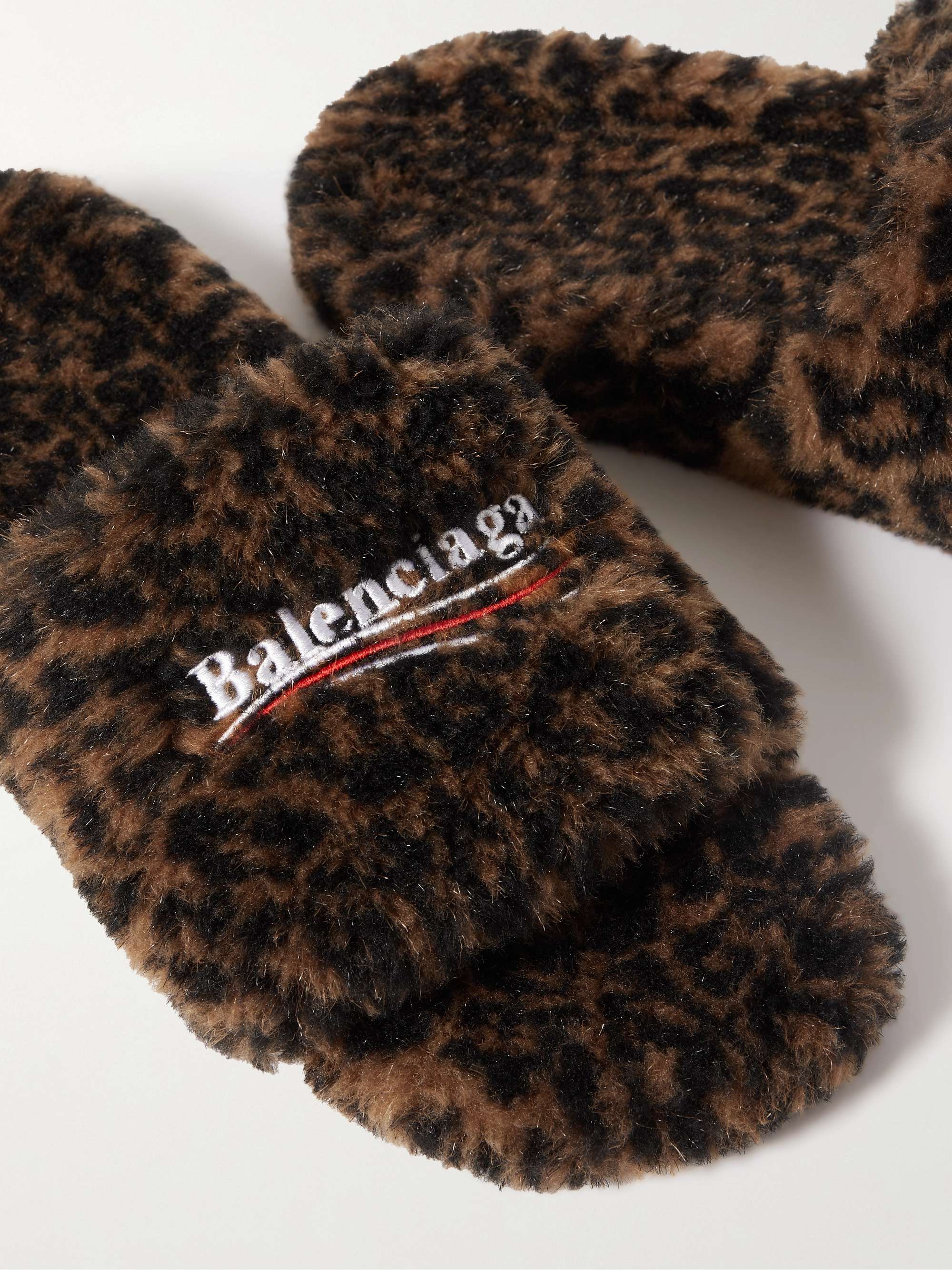 BALENCIAGA Cities Logo-Embroidered Faux Shearling Slides