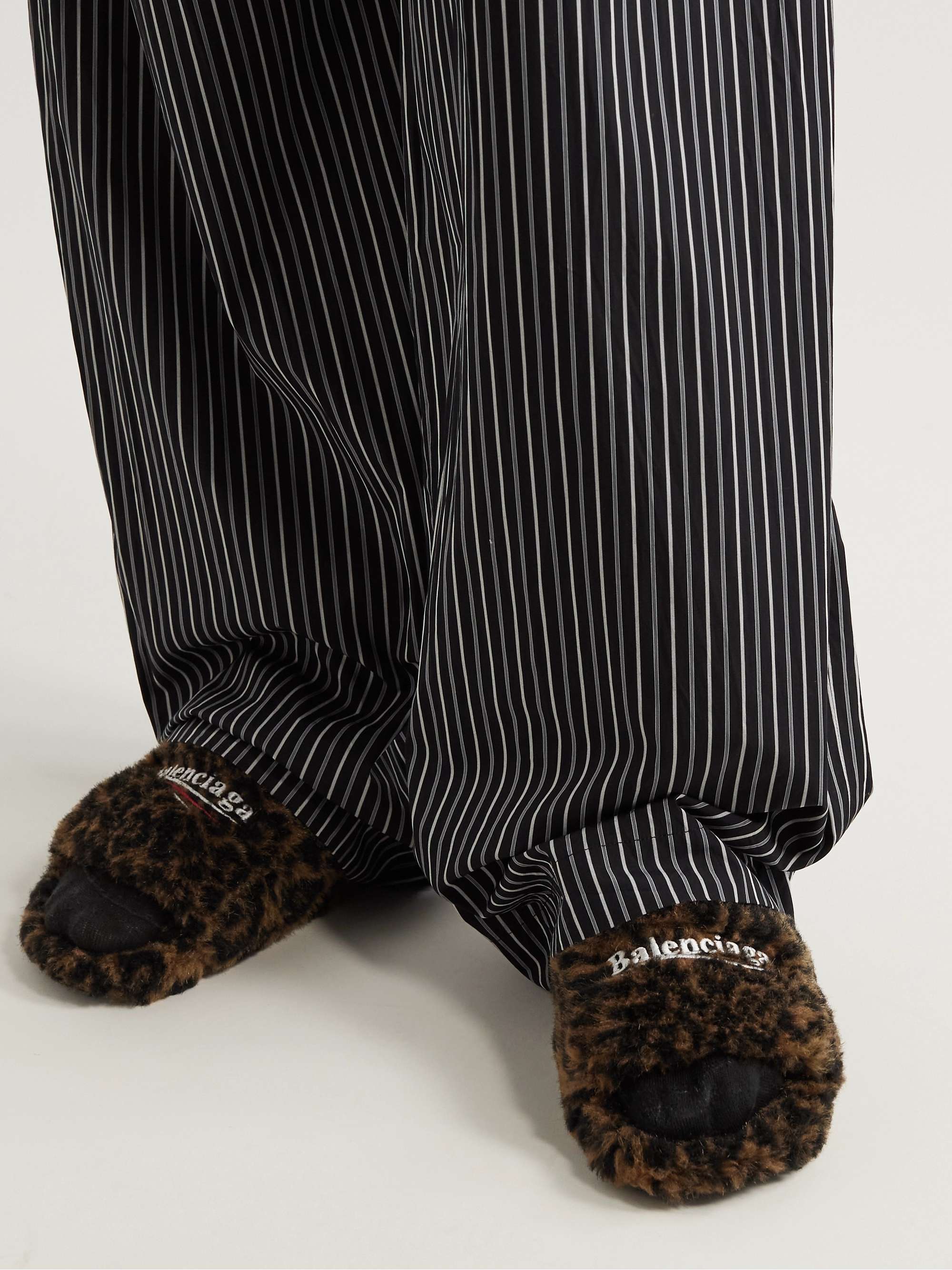 BALENCIAGA Cities Logo-Embroidered Faux Shearling Slides