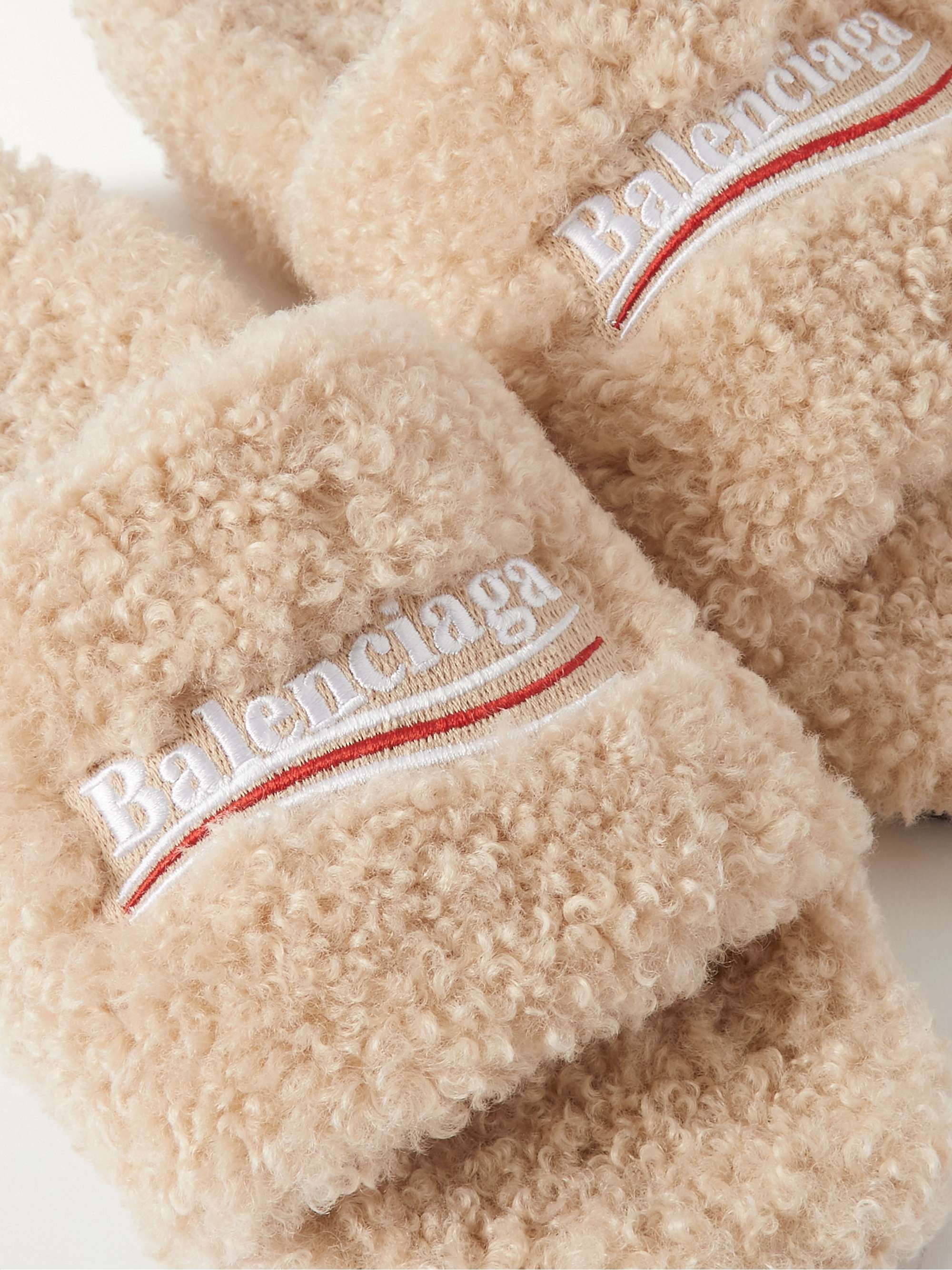 BALENCIAGA Cities Logo-Embroidered Faux Shearling Slides