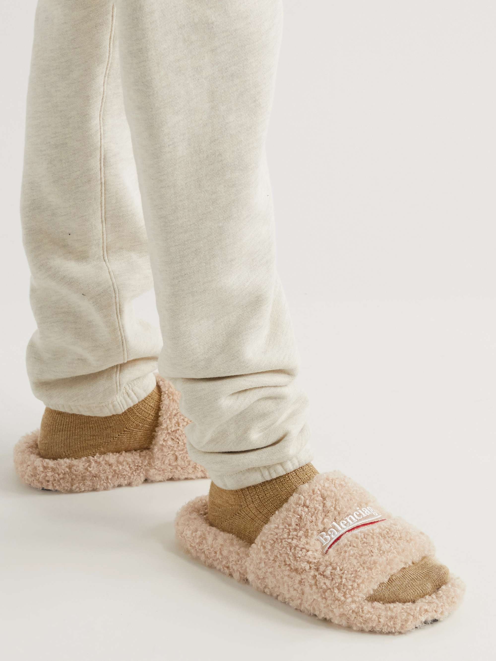 BALENCIAGA Cities Logo-Embroidered Faux Shearling Slides