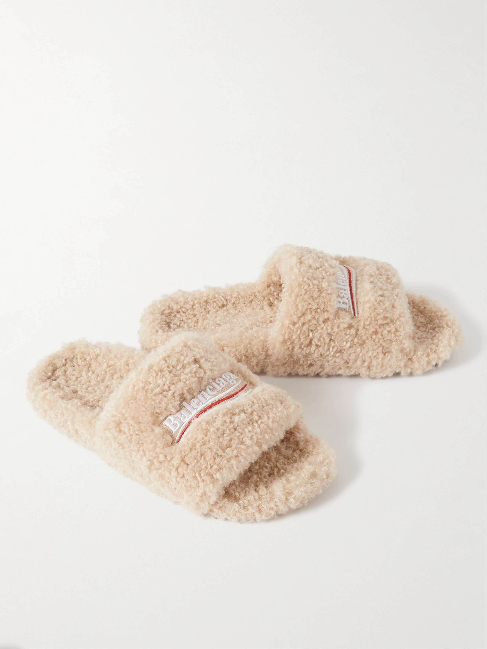BALENCIAGA Cities Logo-Embroidered Faux Shearling Slides