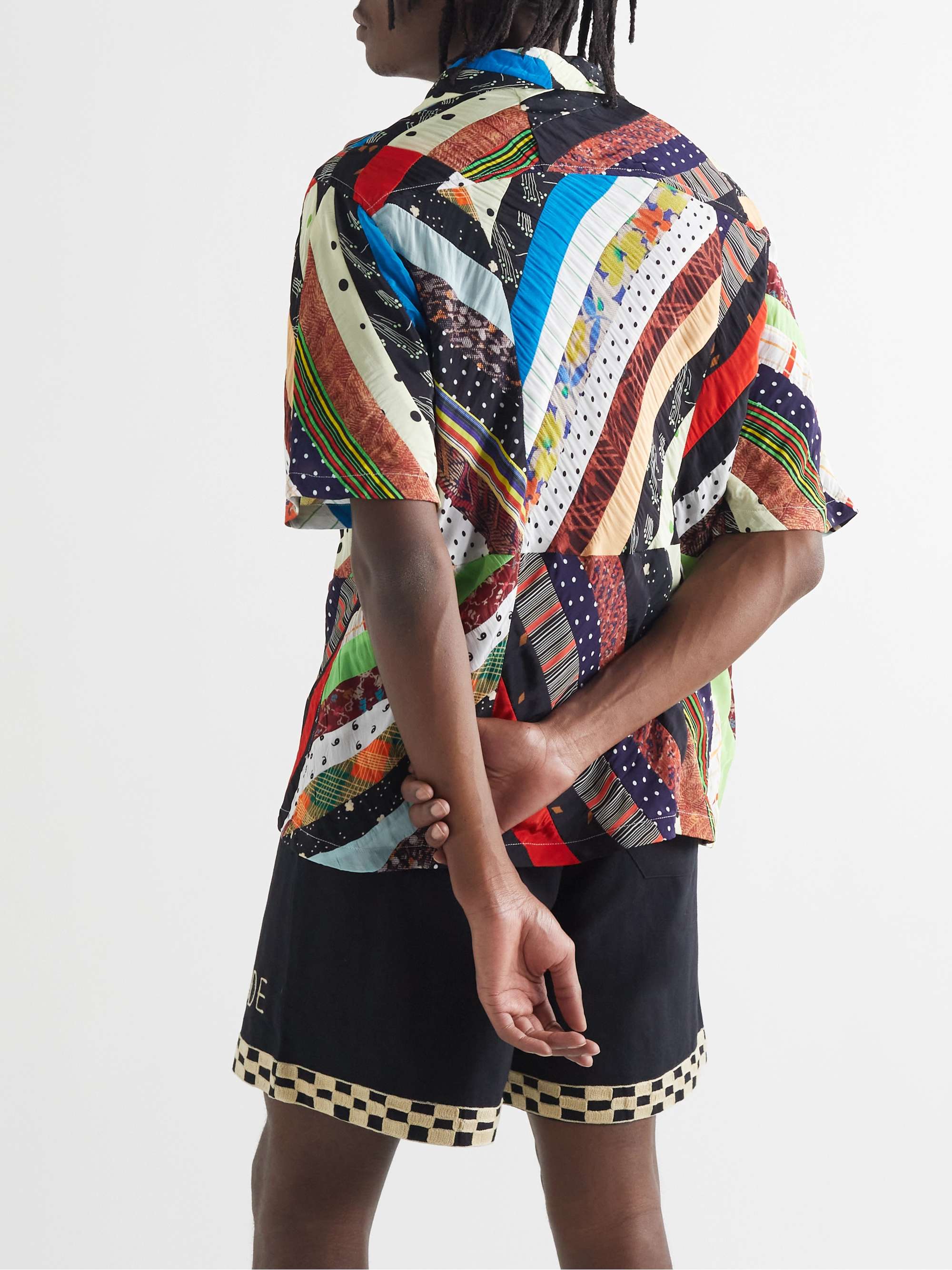 BODE Camp-Collar Patchwork Woven Shirt