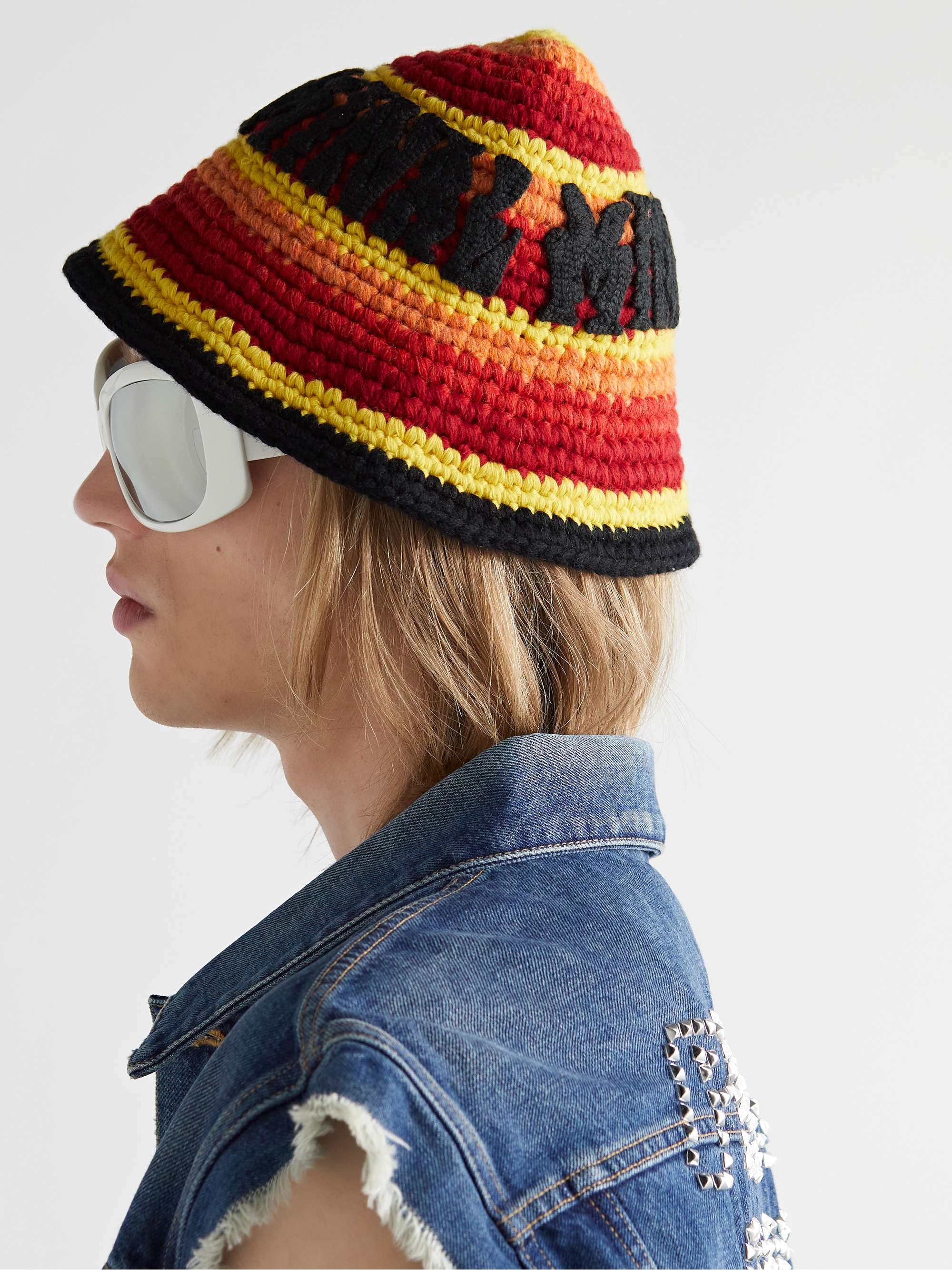 CELINE HOMME Appliquéd Striped Crochet-Knit Wool Hat