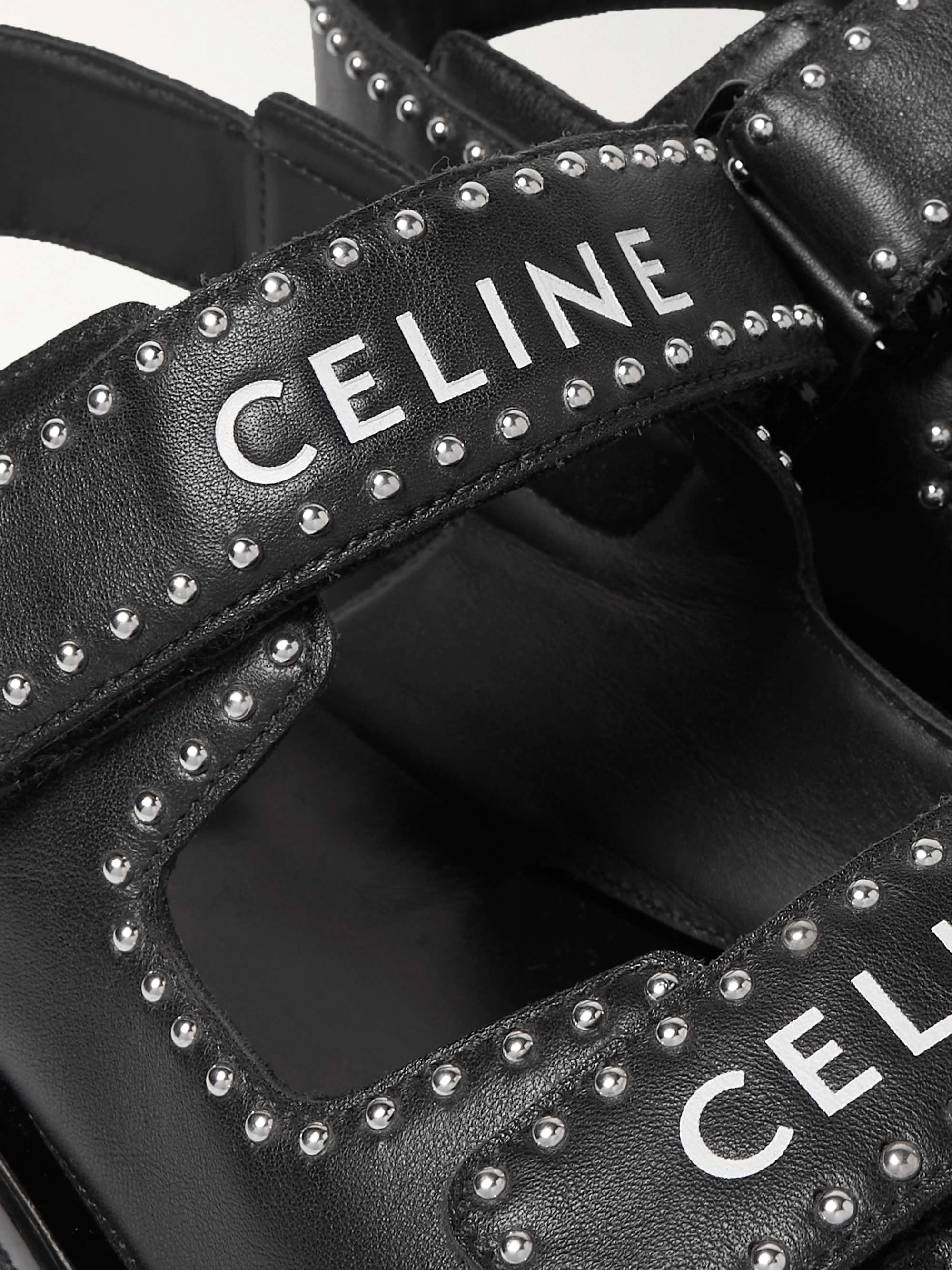 CELINE Studded Logo-Print Leather Sandals