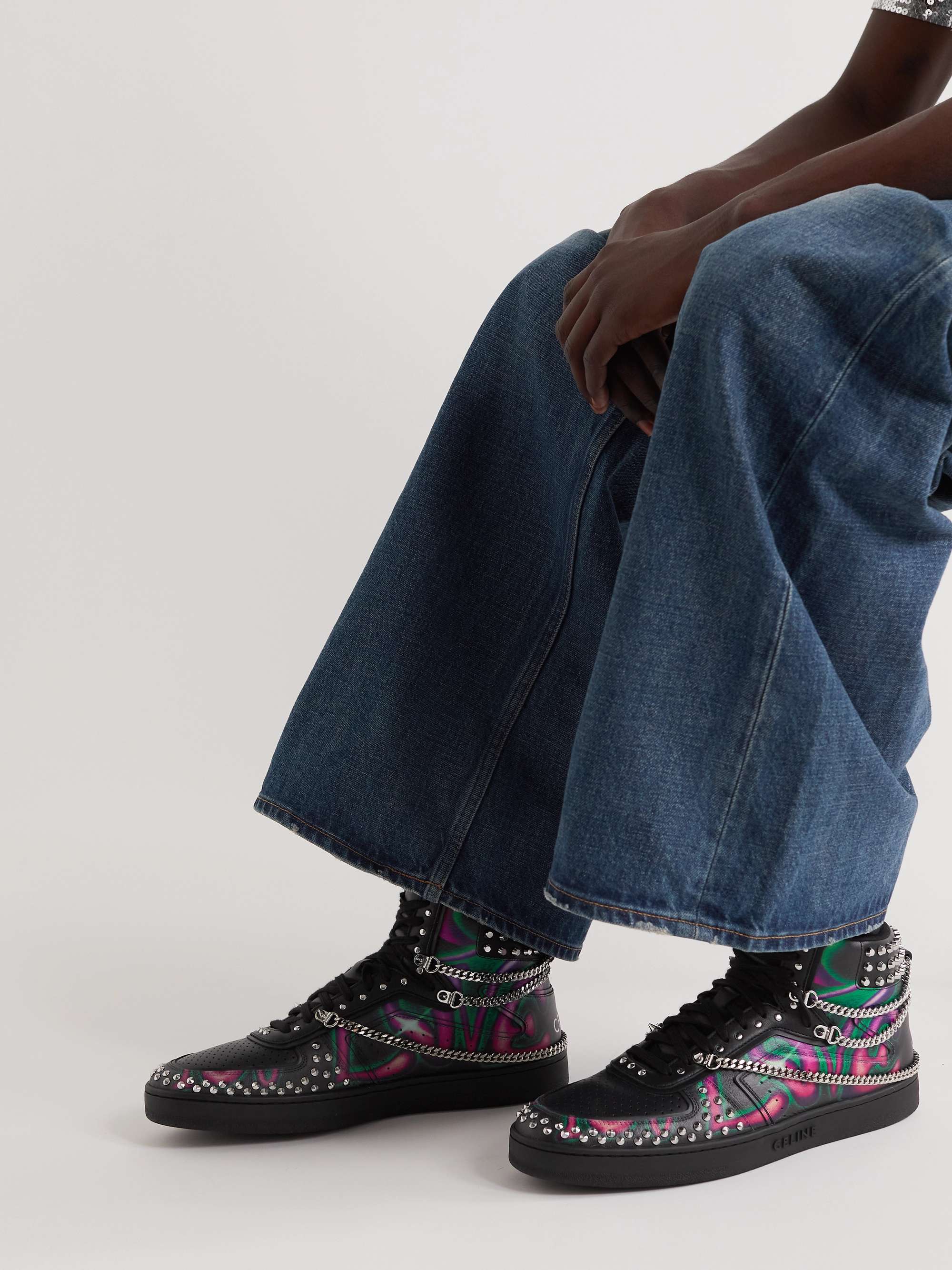 Z Stud Chain-Embellished Printed Leather High-Top Sneakers