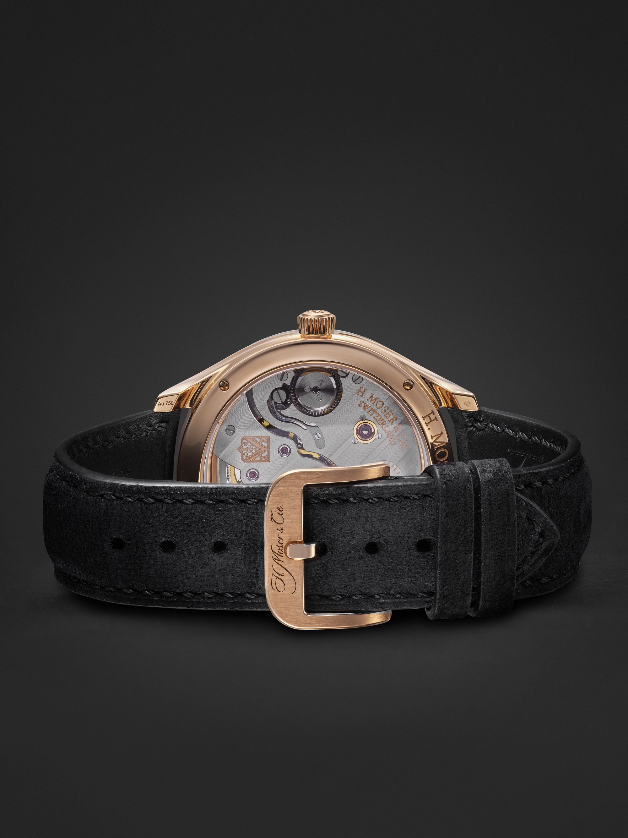 H. MOSER & CIE. ساعة Endeavour Perpetual Moon ذات الإصدار المحدود يدوية التعبئة من الذهب الأحمر عيار 18 قيراط والجلد بقطر 42 مم، الرقم المرجعي. ‎1801-0402