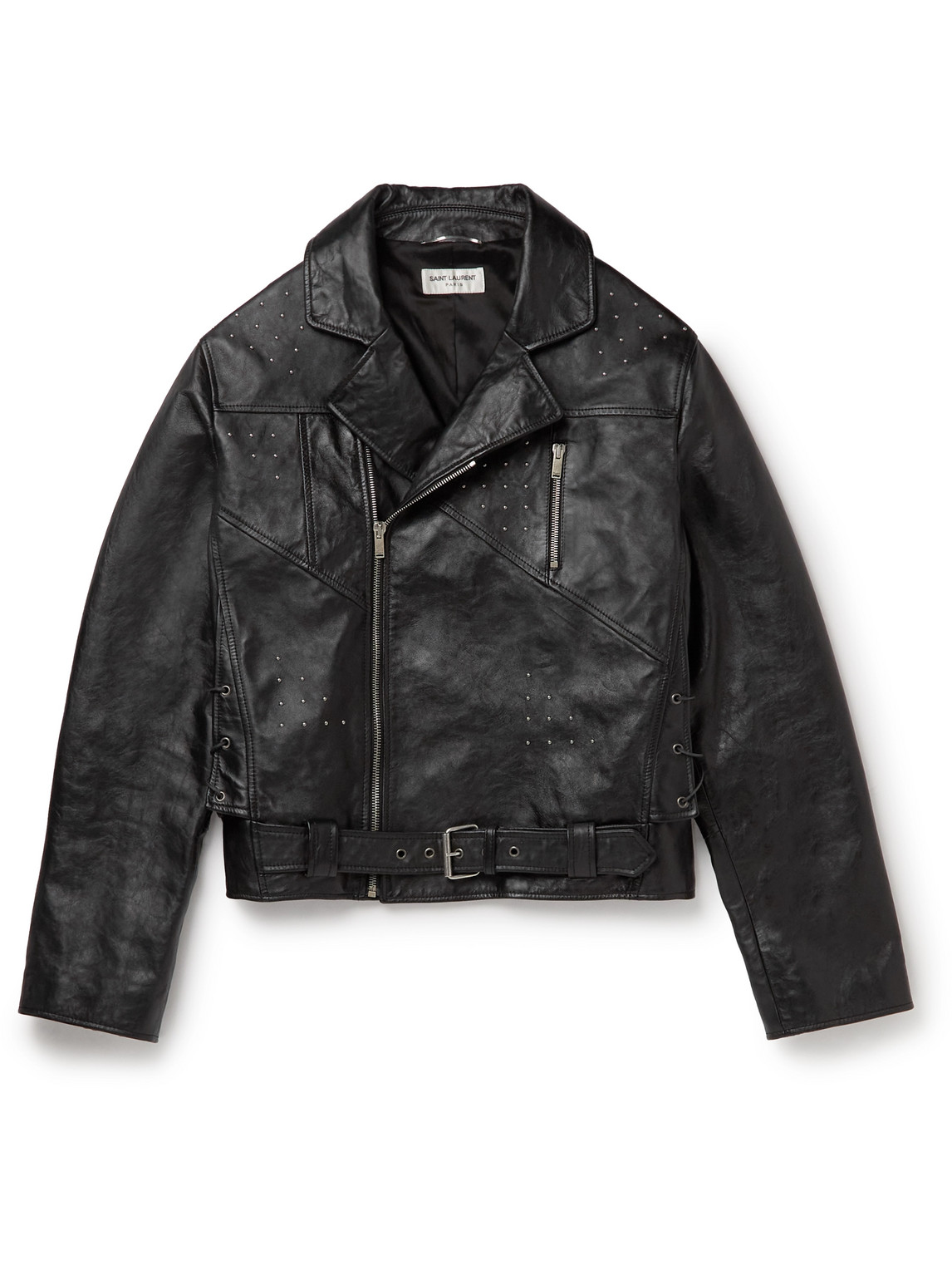Saint Laurent Cropped Embellished Leather Biker Jacket In Black