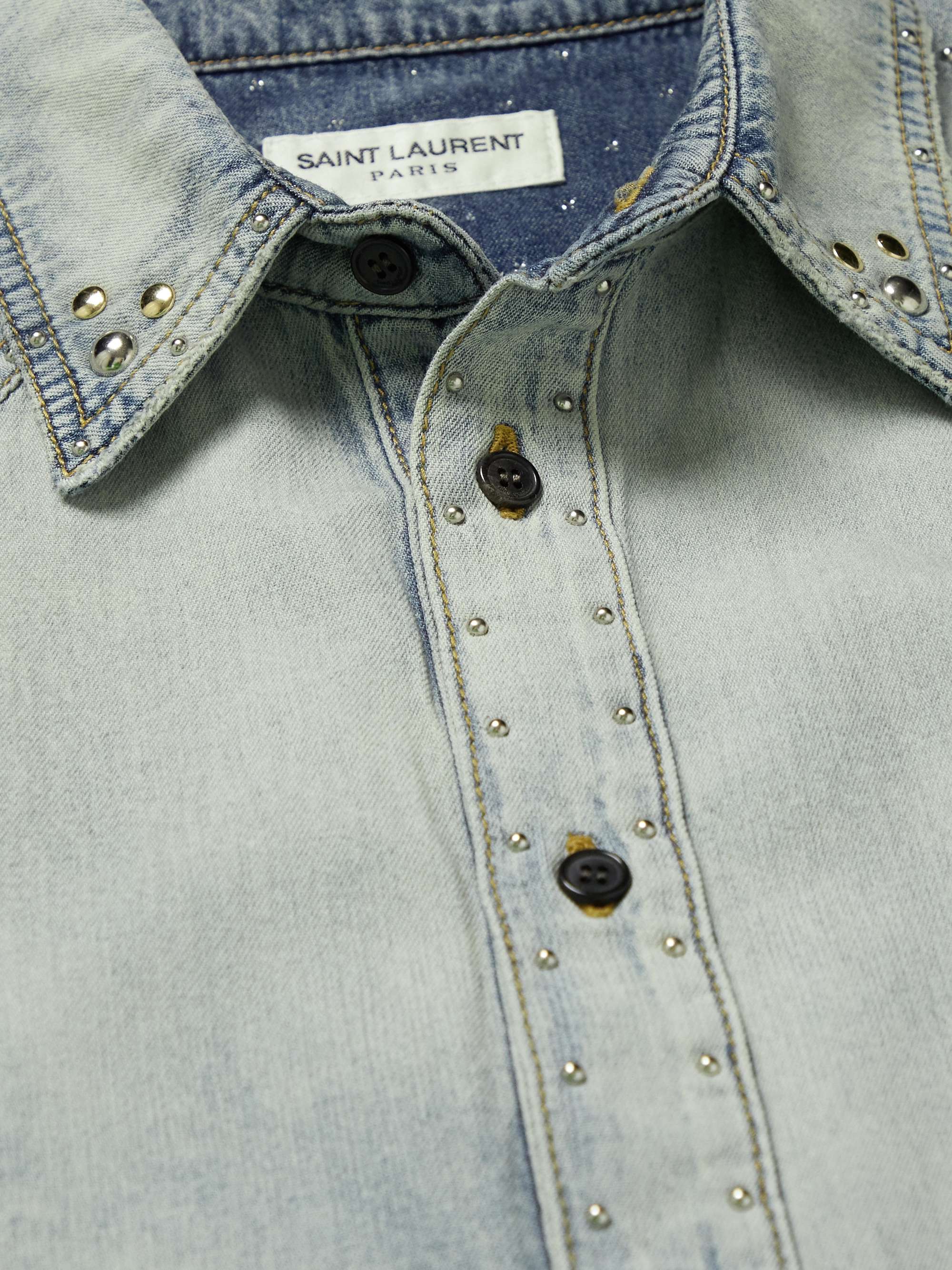 SAINT LAURENT Studded Distressed Denim Shirt