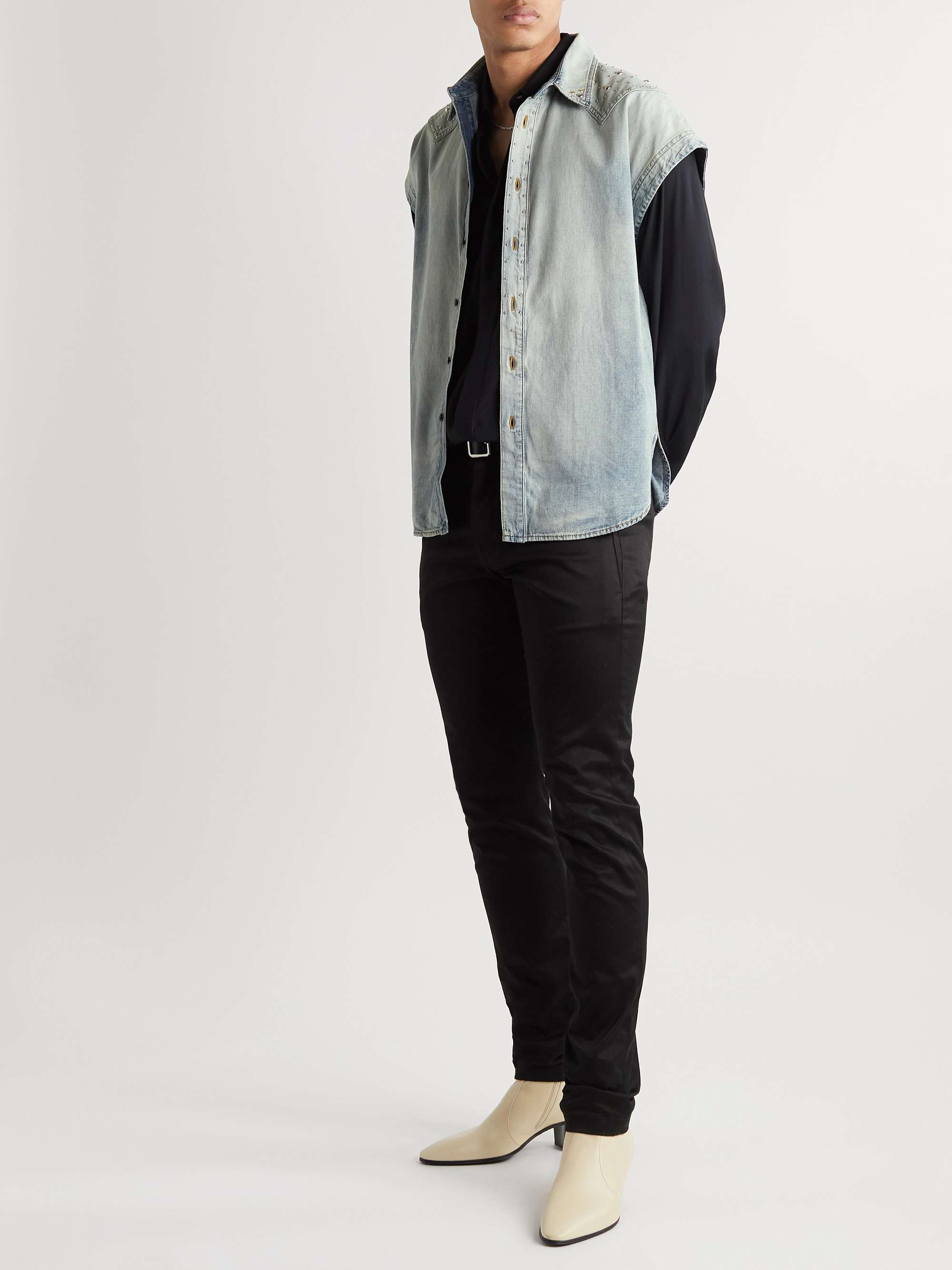 SAINT LAURENT Studded Distressed Denim Shirt