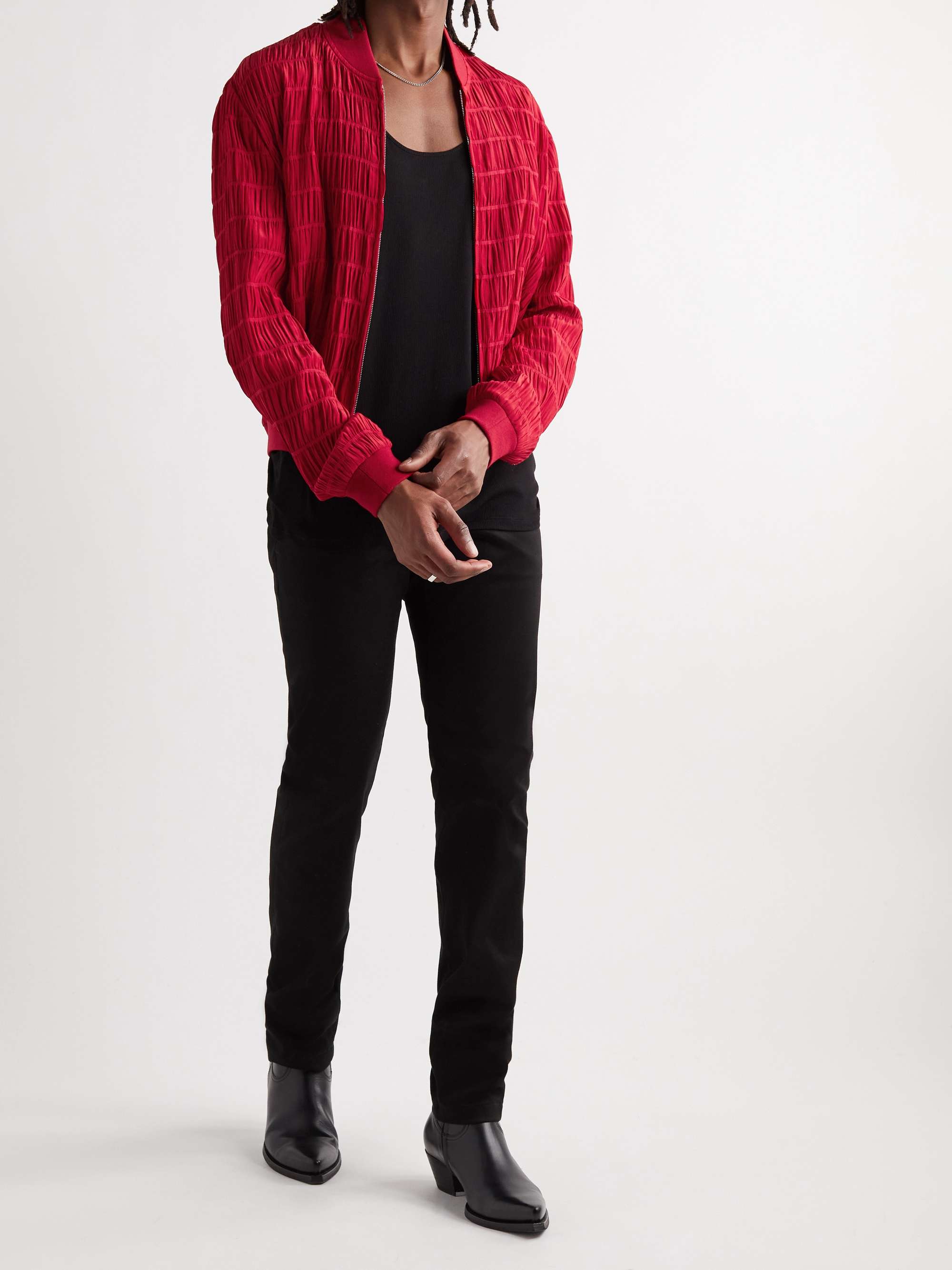 Red Suka Embroidered Colour-Block Satin Bomber Jacket | THE REAL 