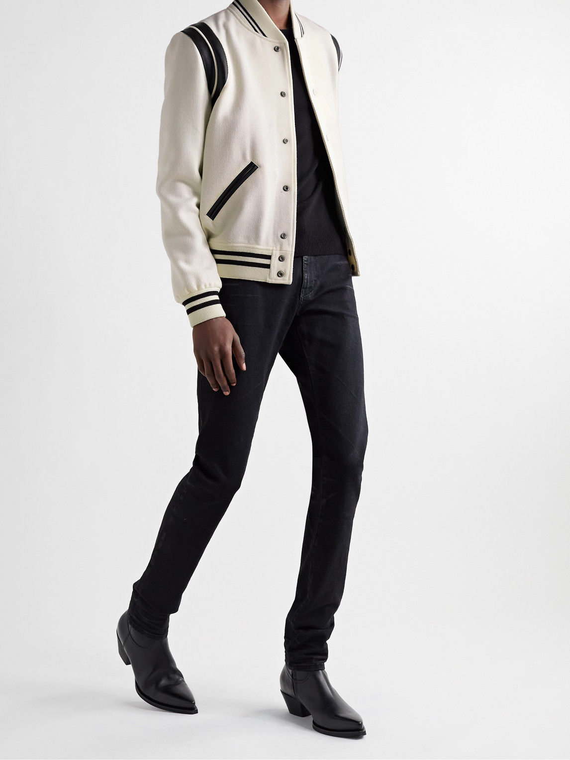 Shop Saint Laurent Teddy Leather-trimmed Virgin Wool-blend Bomber Jacket In Neutrals