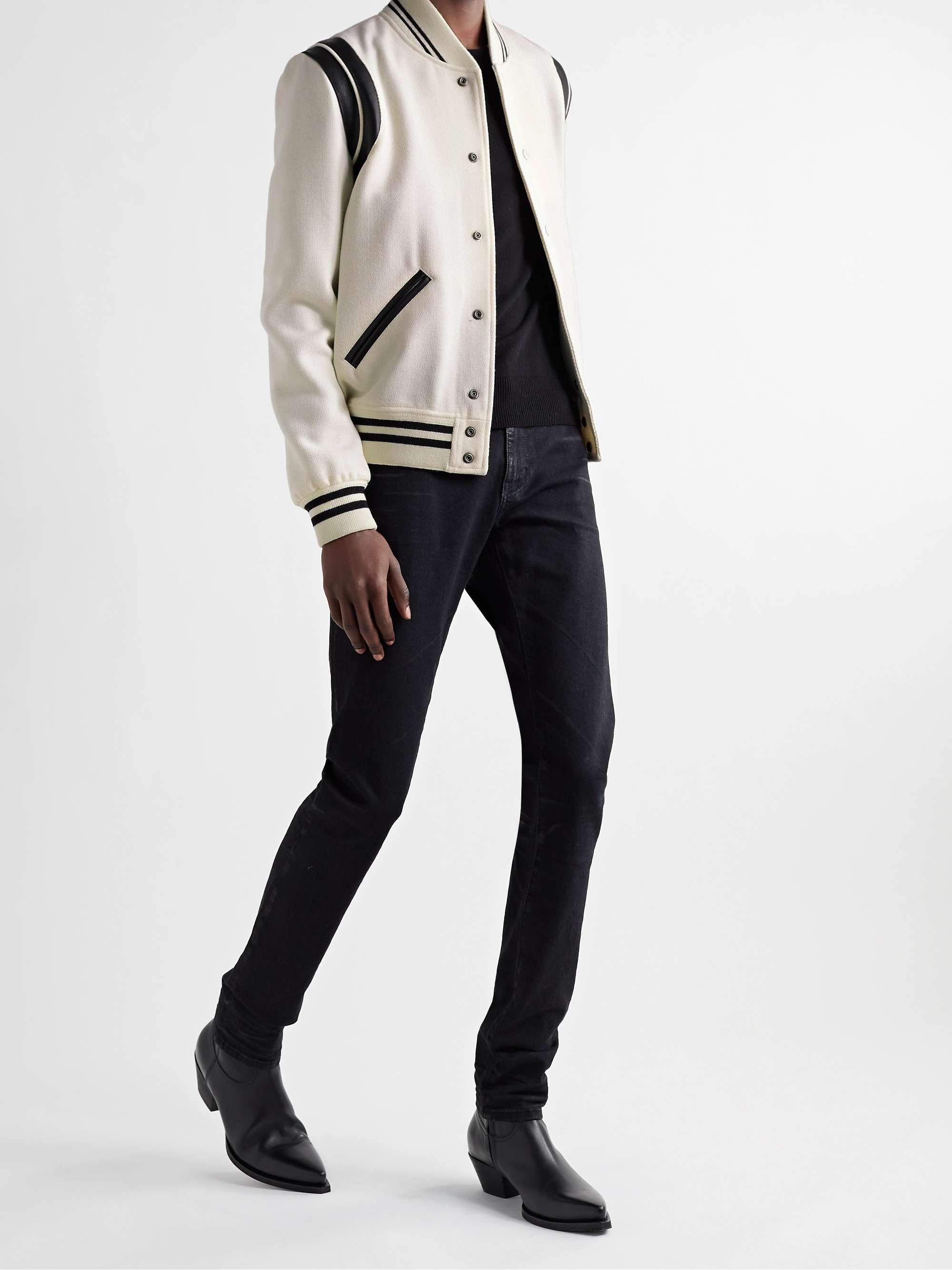 Teddy Slim-Fit Leather-Trimmed Wool-Blend Bomber Jacket