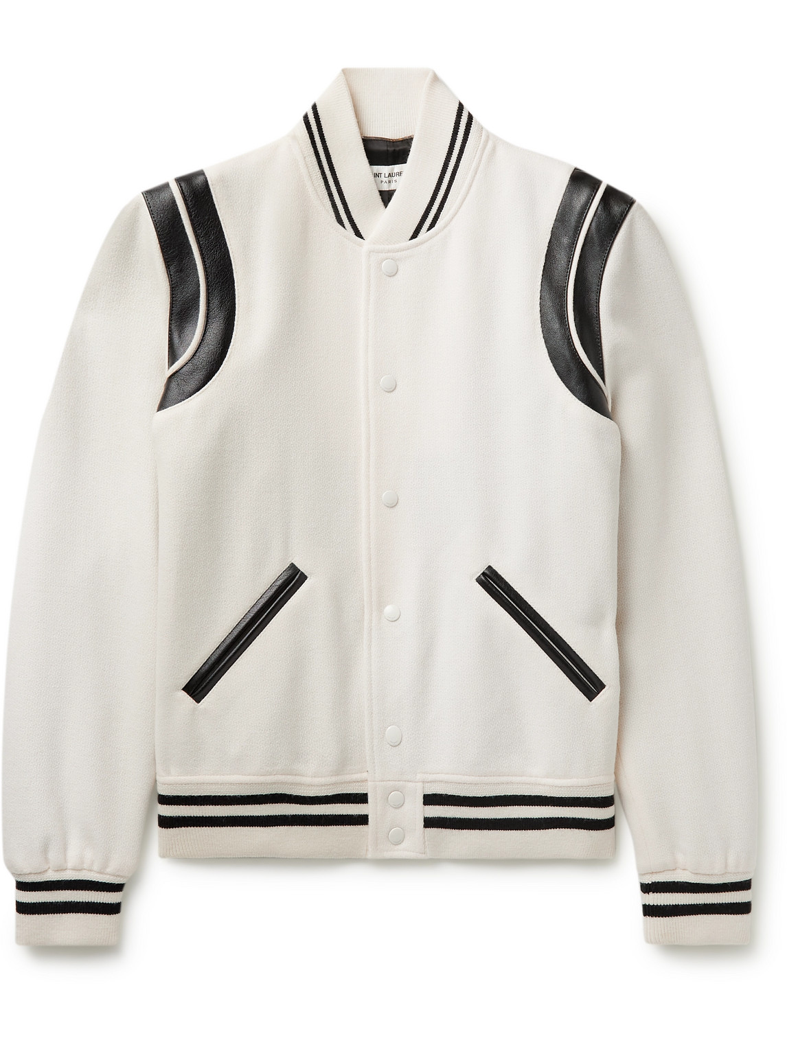 Shop Saint Laurent Teddy Leather-trimmed Virgin Wool-blend Bomber Jacket In Neutrals