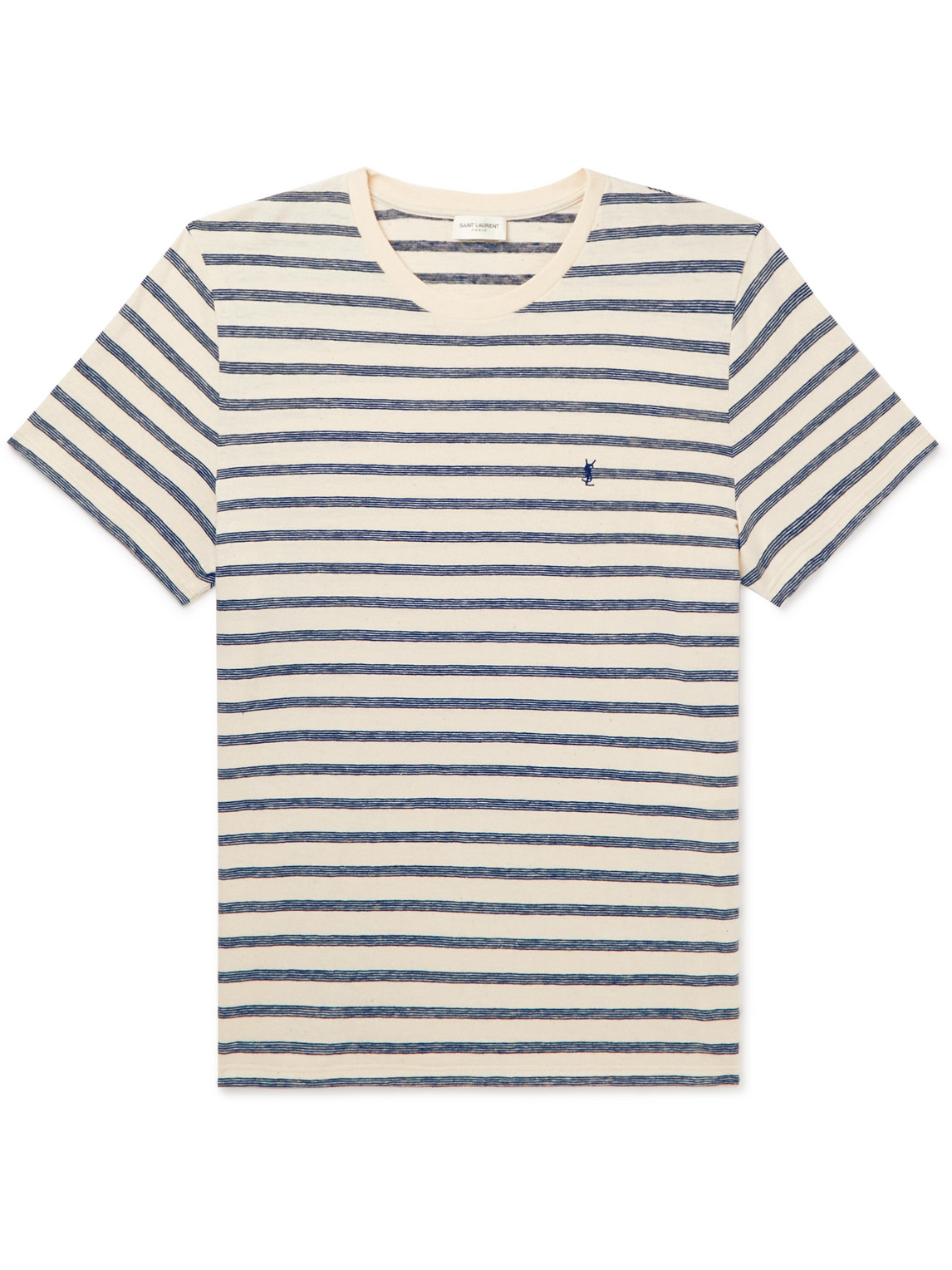 Shop Saint Laurent Slim-fit Logo-embroidered Striped Cotton-jersey T-shirt In Neutrals