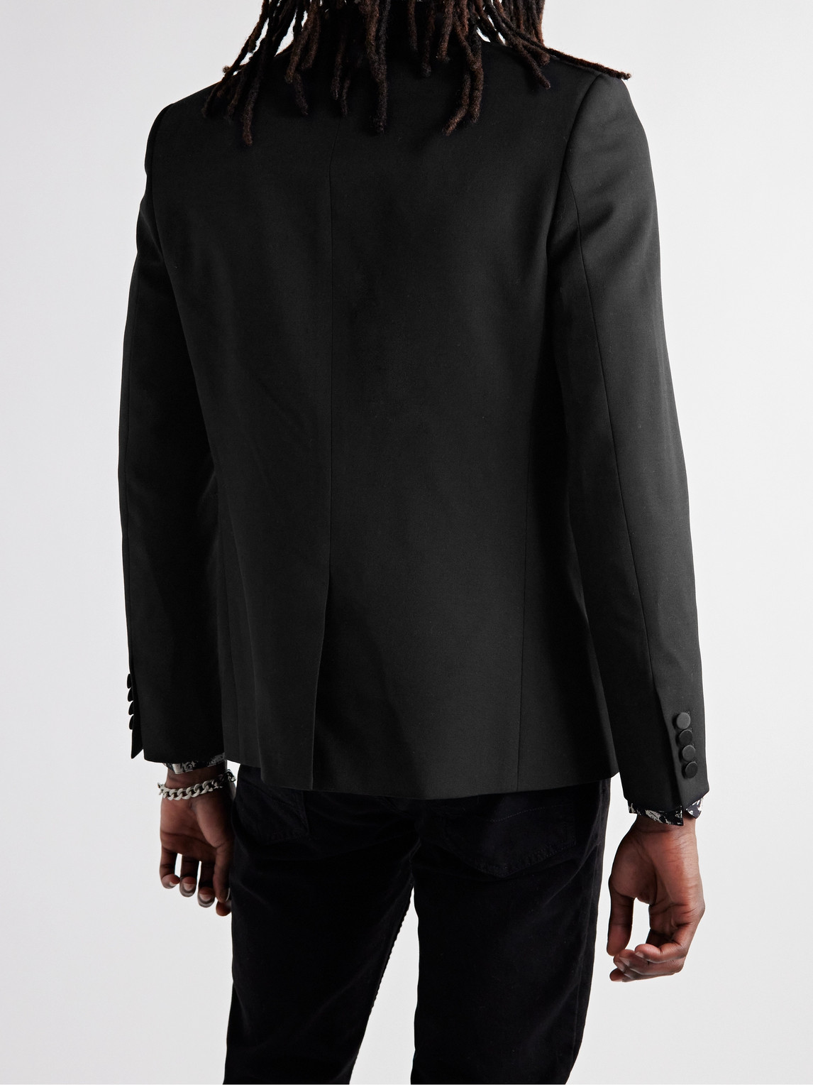 Shop Saint Laurent Slim-fit Satin-trimmed Wool Blazer In Black