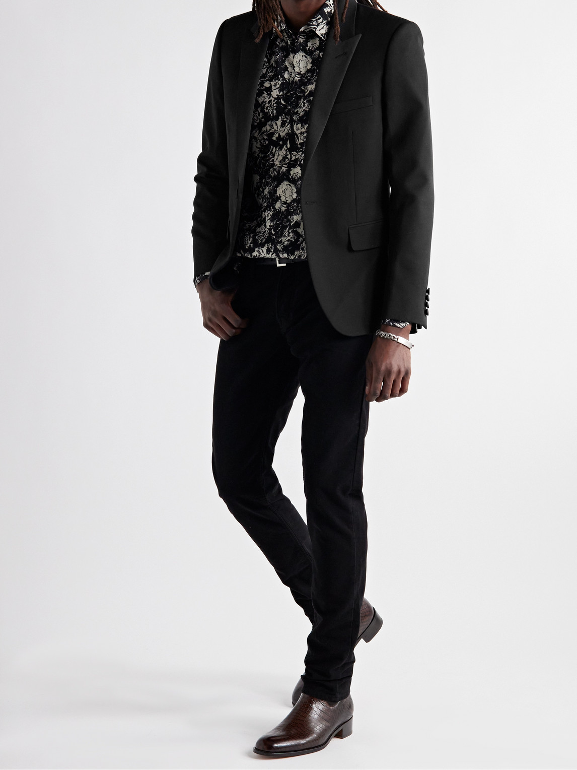 Shop Saint Laurent Slim-fit Satin-trimmed Wool Blazer In Black