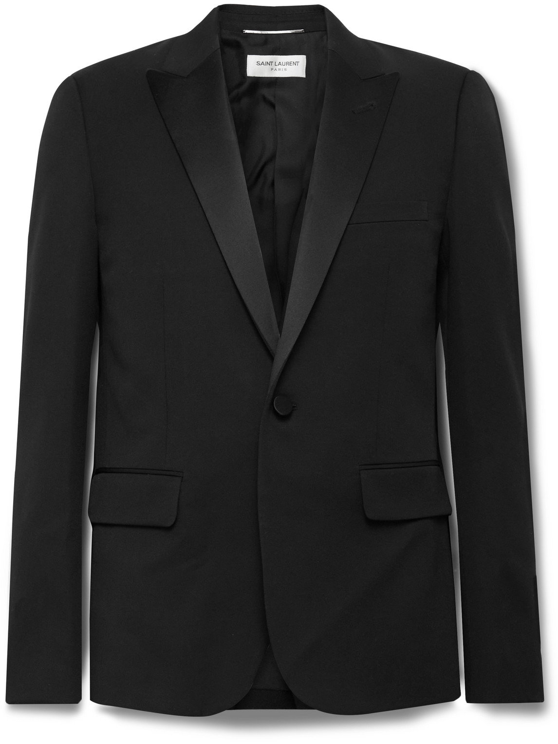 Shop Saint Laurent Slim-fit Satin-trimmed Wool Blazer In Black