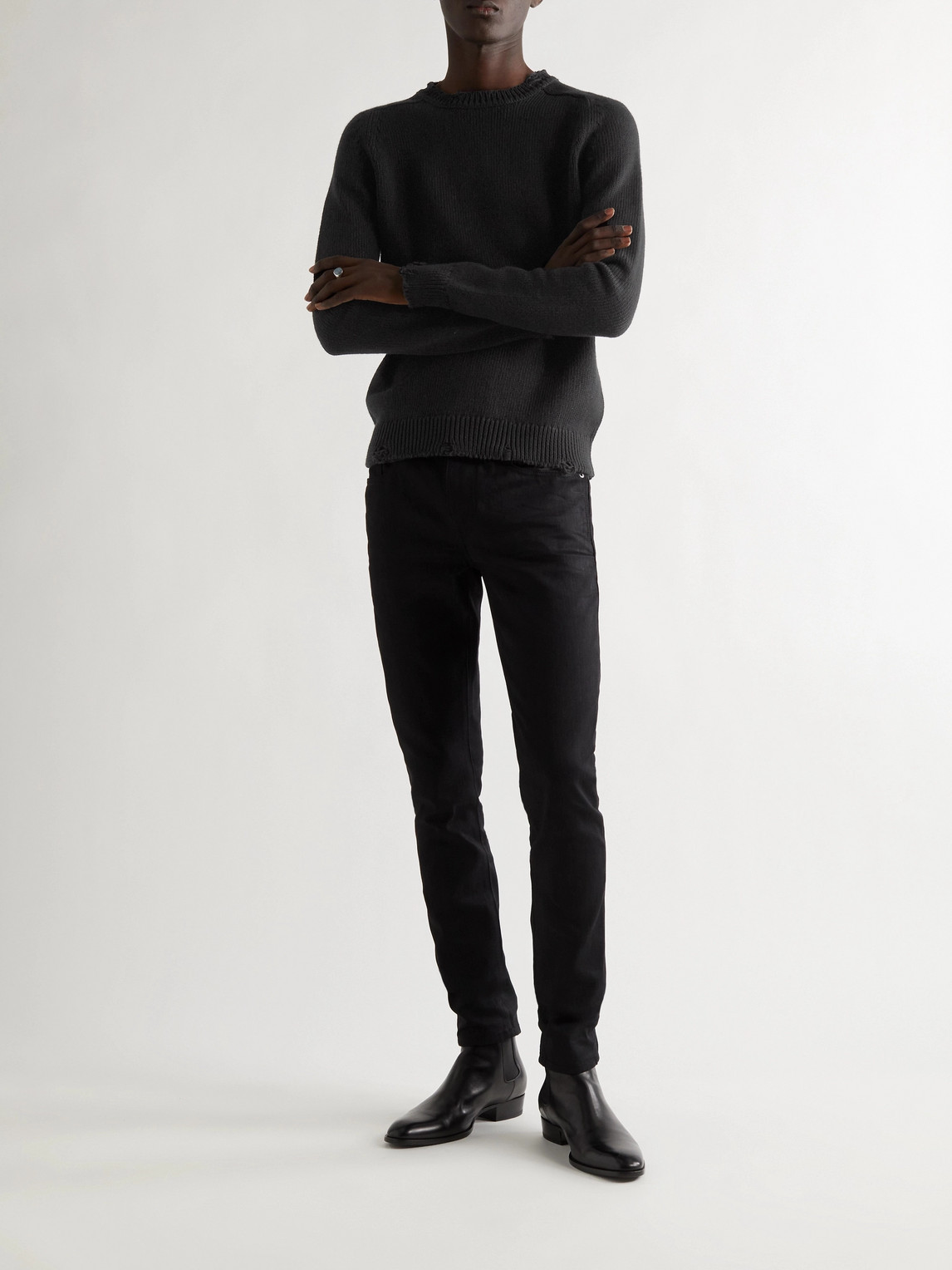 Shop Saint Laurent Distressed Cotton Sweater In Black