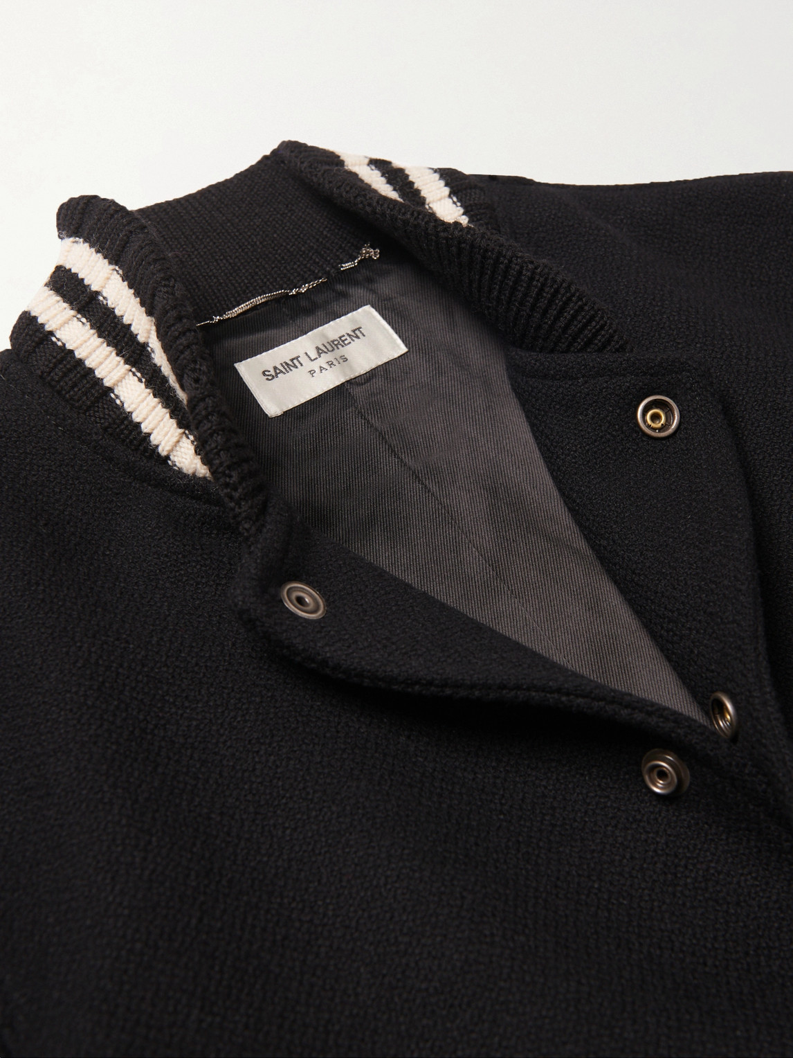 Shop Saint Laurent Teddy Logo-appliquéd Wool-blend Bomber Jacket In Black