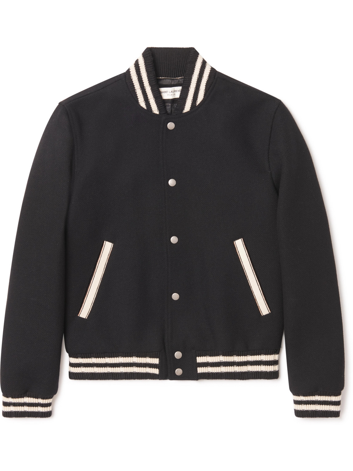 SAINT LAURENT Teddy Slim-Fit Leather-Trimmed Wool-Blend Bomber