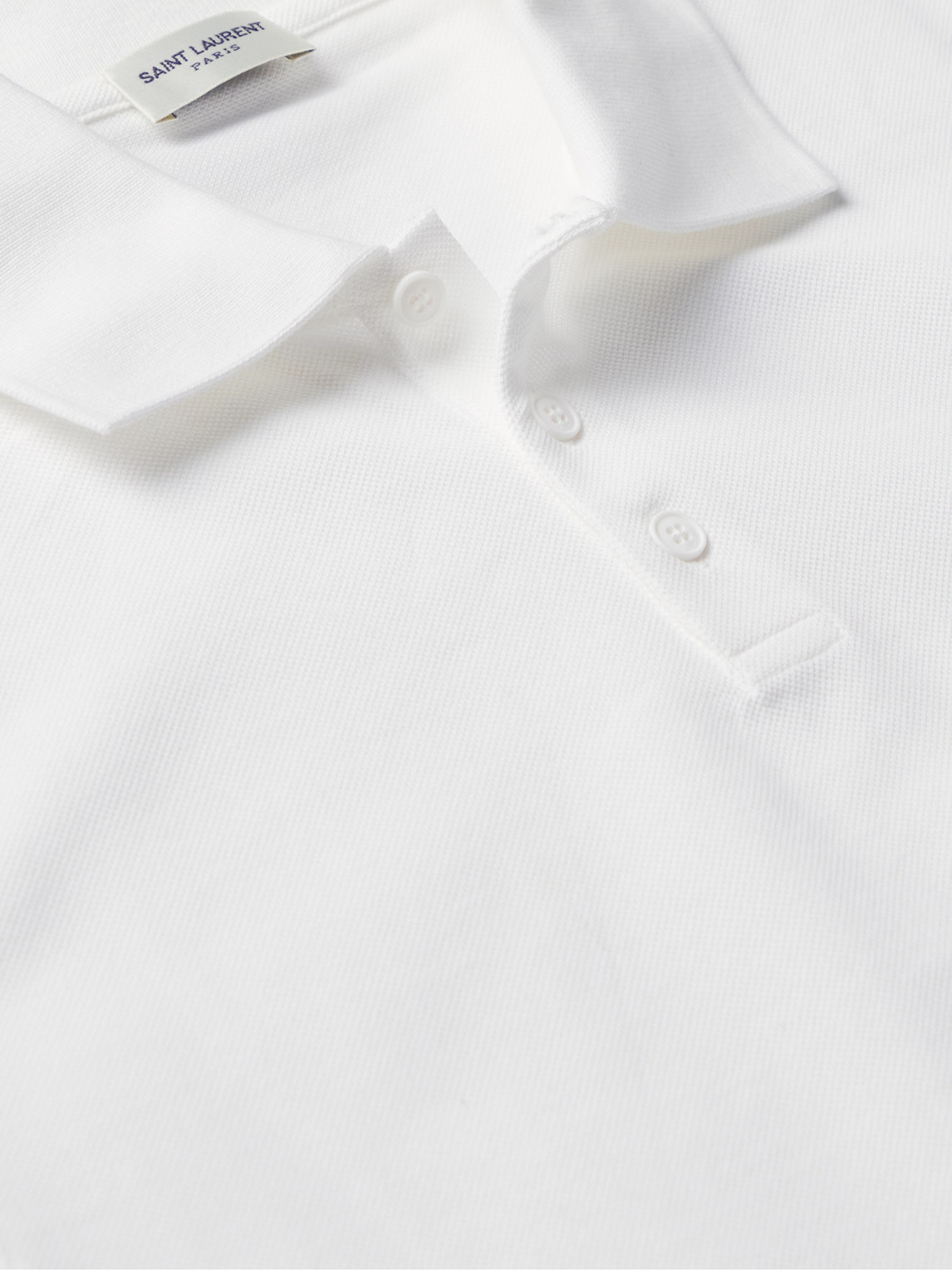 Shop Saint Laurent Slim-fit Logo-embroidered Cotton-piqué Polo Shirt In White