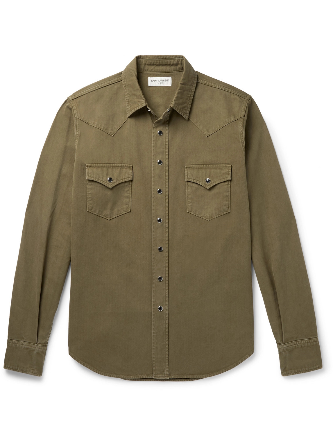 Shop Saint Laurent Herringbone Cotton Western Shirt In Green