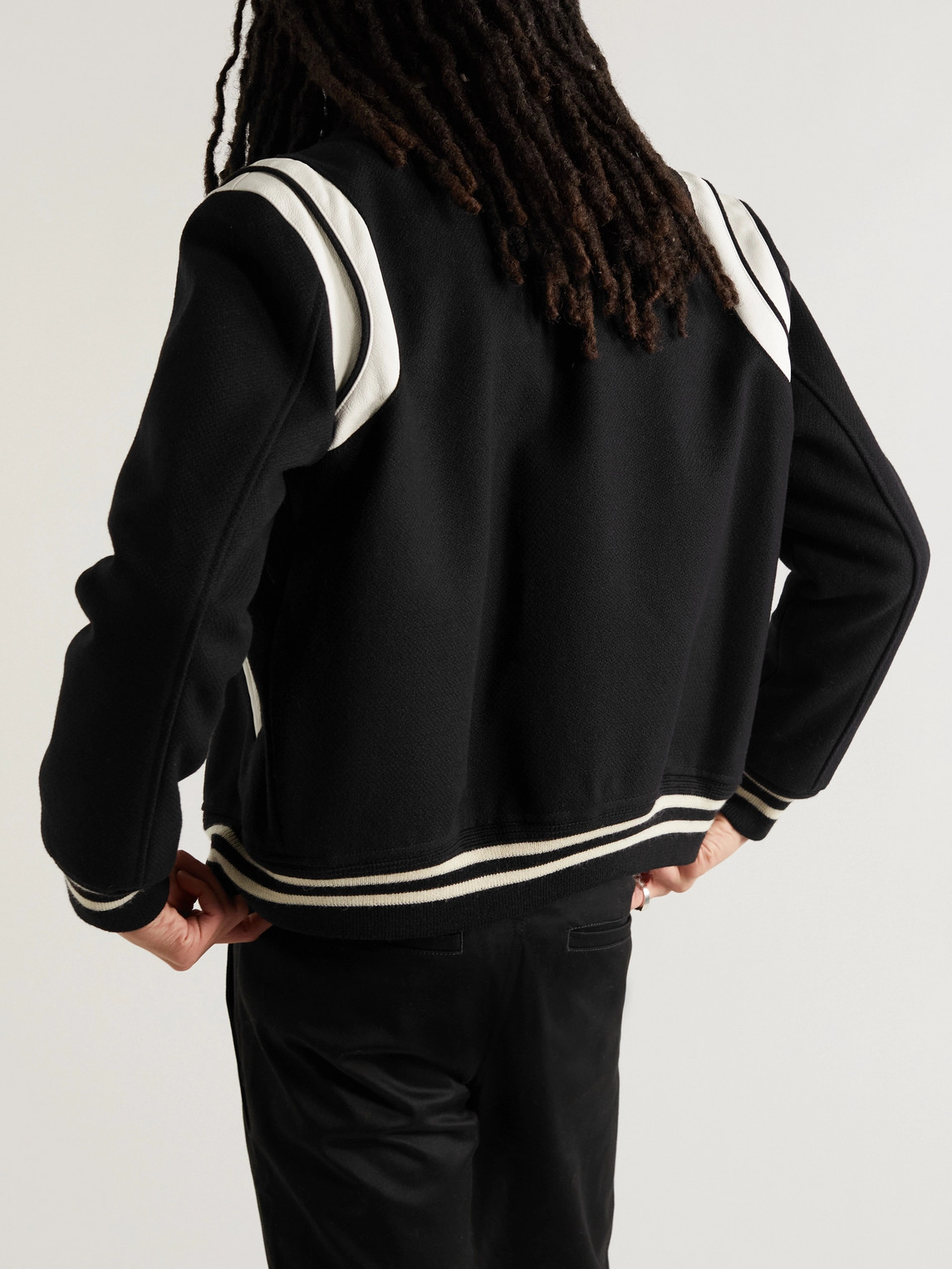 SAINT LAURENT TEDDY SLIM-FIT LEATHER-TRIMMED WOOL-BLEND BOMBER JACKET