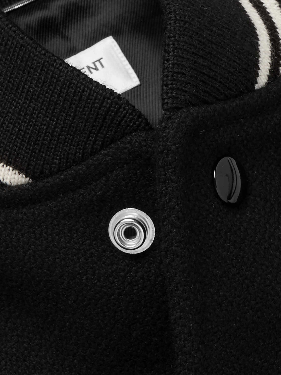 SAINT LAURENT TEDDY SLIM-FIT LEATHER-TRIMMED WOOL-BLEND BOMBER JACKET