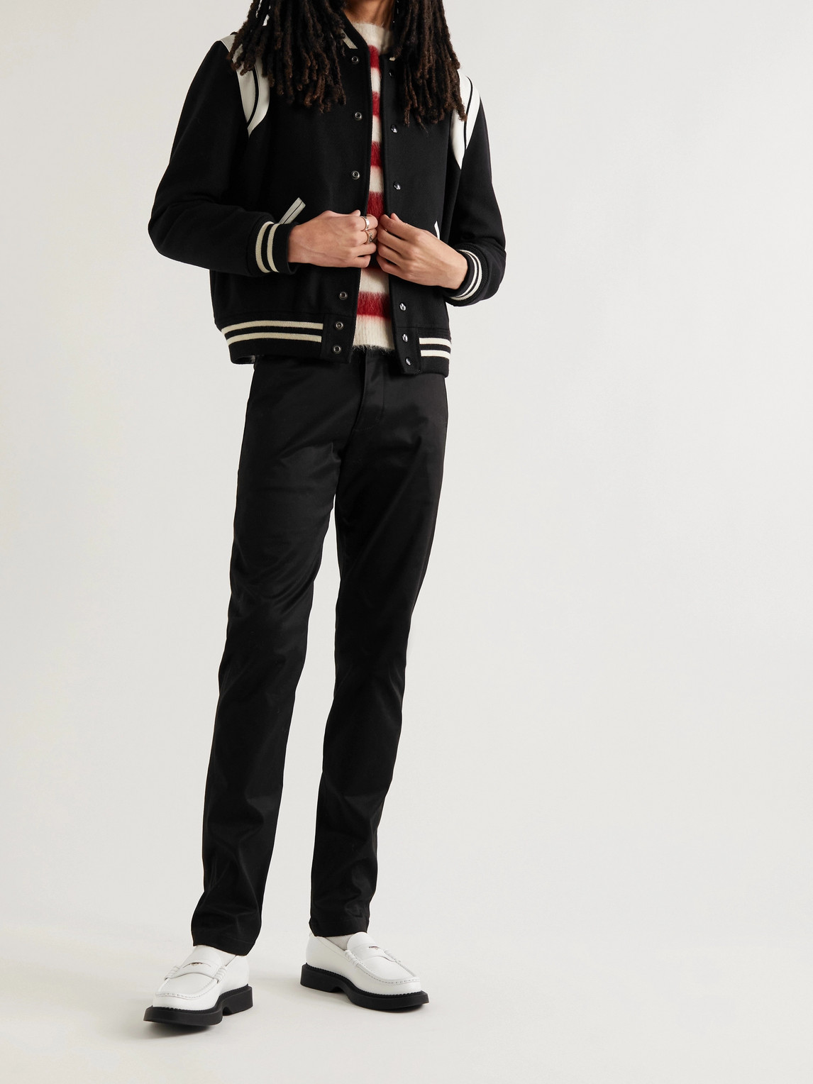 SAINT LAURENT TEDDY SLIM-FIT LEATHER-TRIMMED WOOL-BLEND BOMBER JACKET