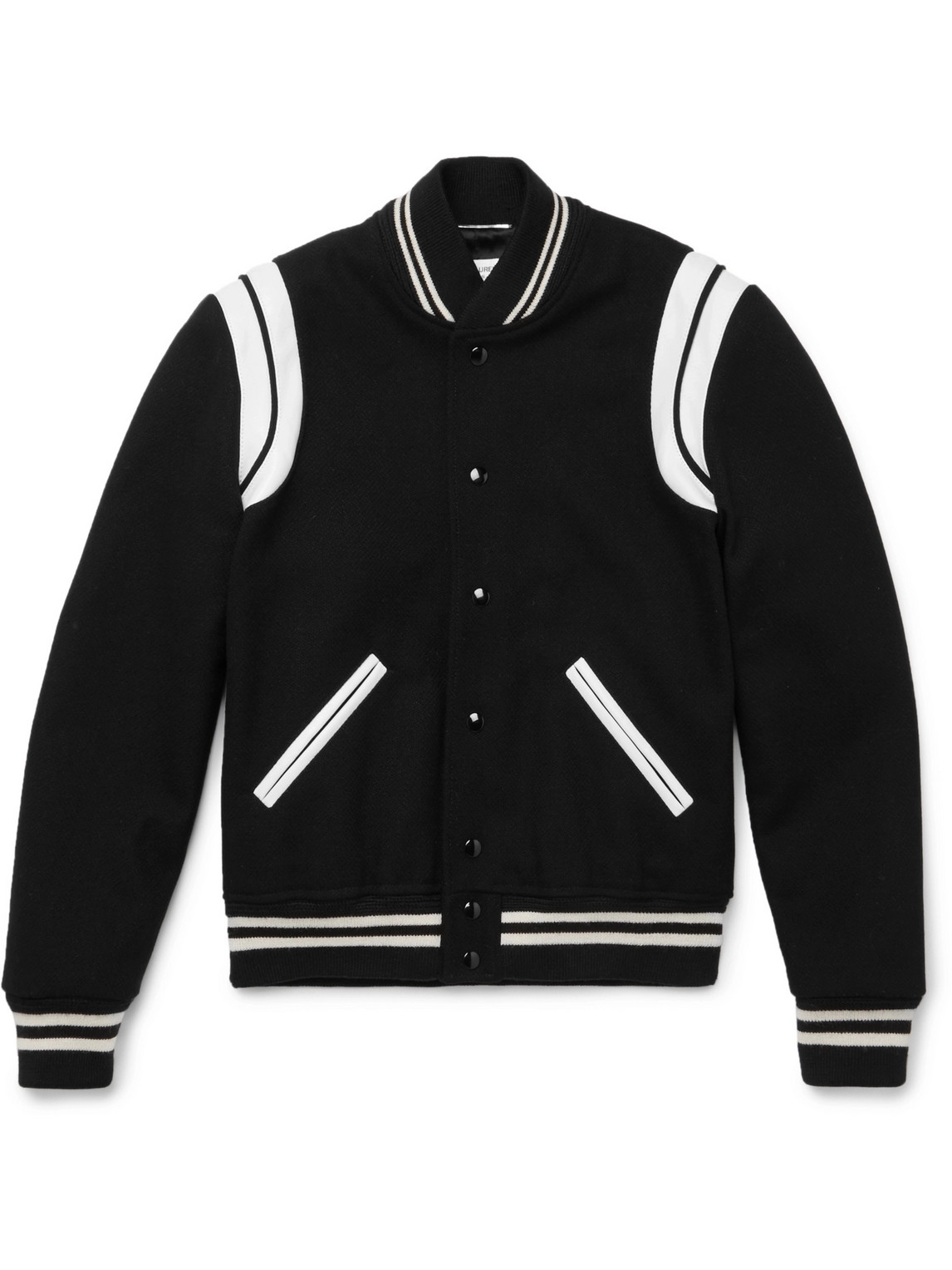 Shop Saint Laurent Teddy Slim-fit Leather-trimmed Wool-blend Bomber Jacket In Black