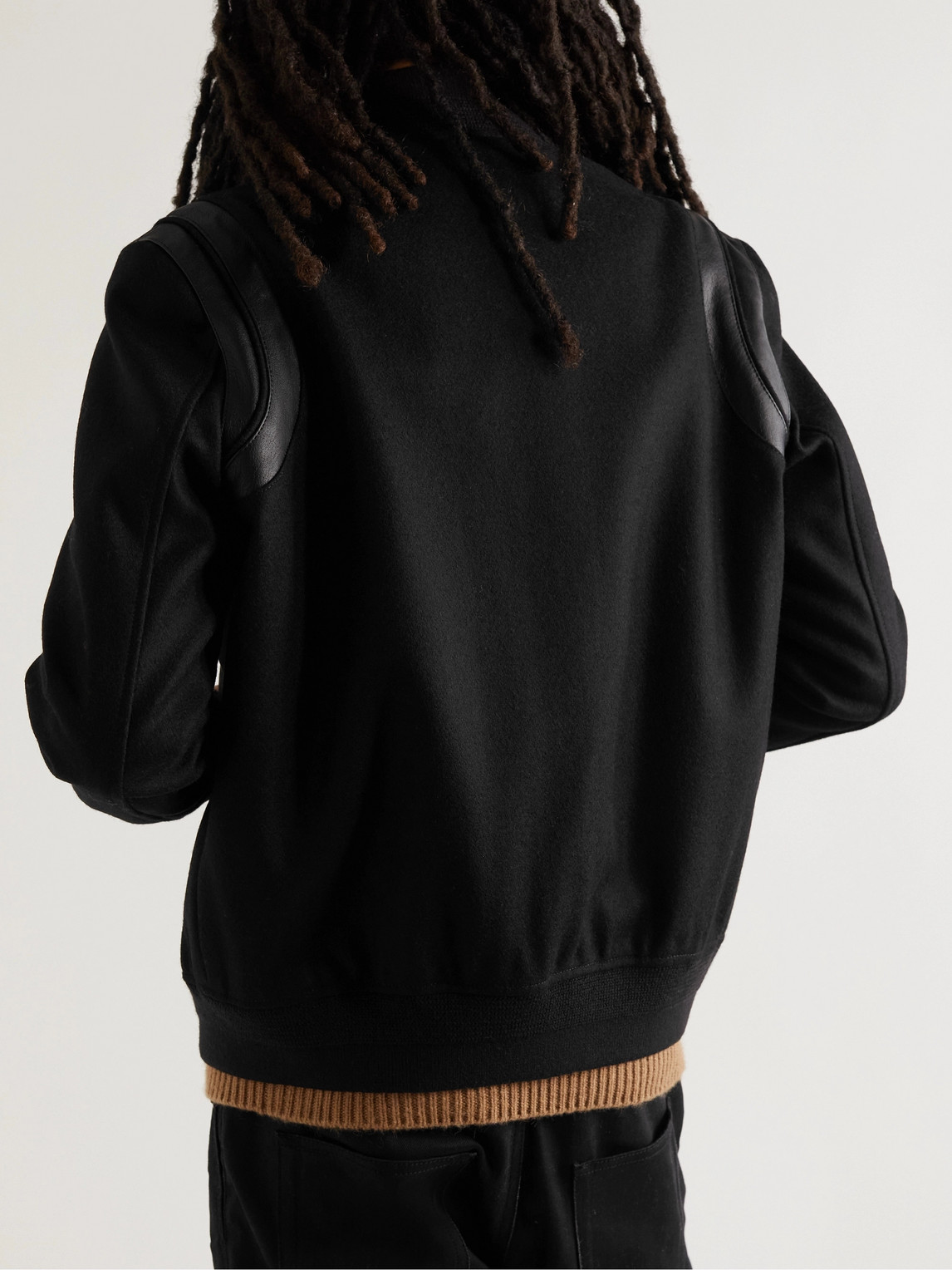 Shop Saint Laurent Teddy Leather-trimmed Wool Bomber Jacket In Black