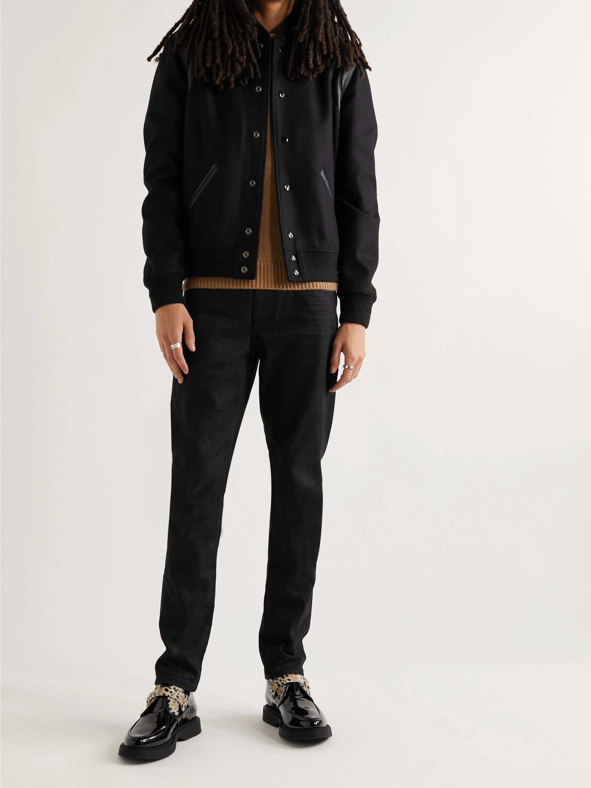 SAINT LAURENT Teddy Leather-Trimmed Wool Bomber Jacket