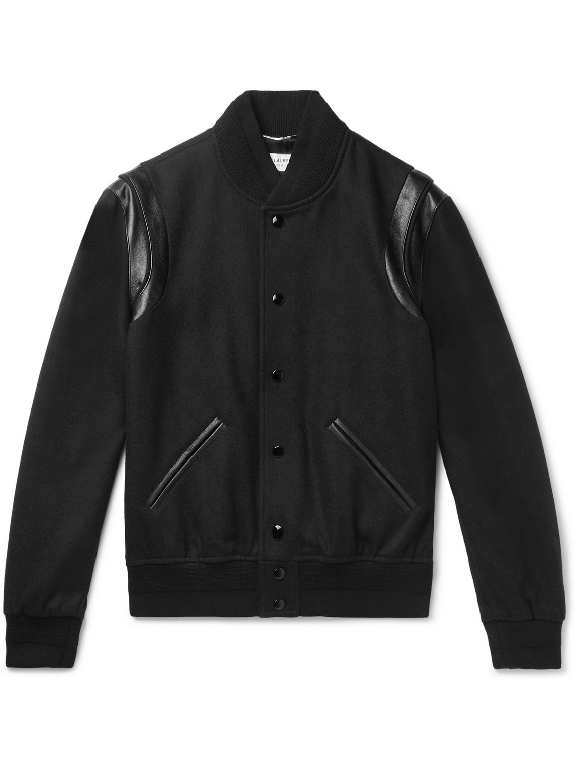 Shop Saint Laurent Teddy Leather-trimmed Wool Bomber Jacket In Black
