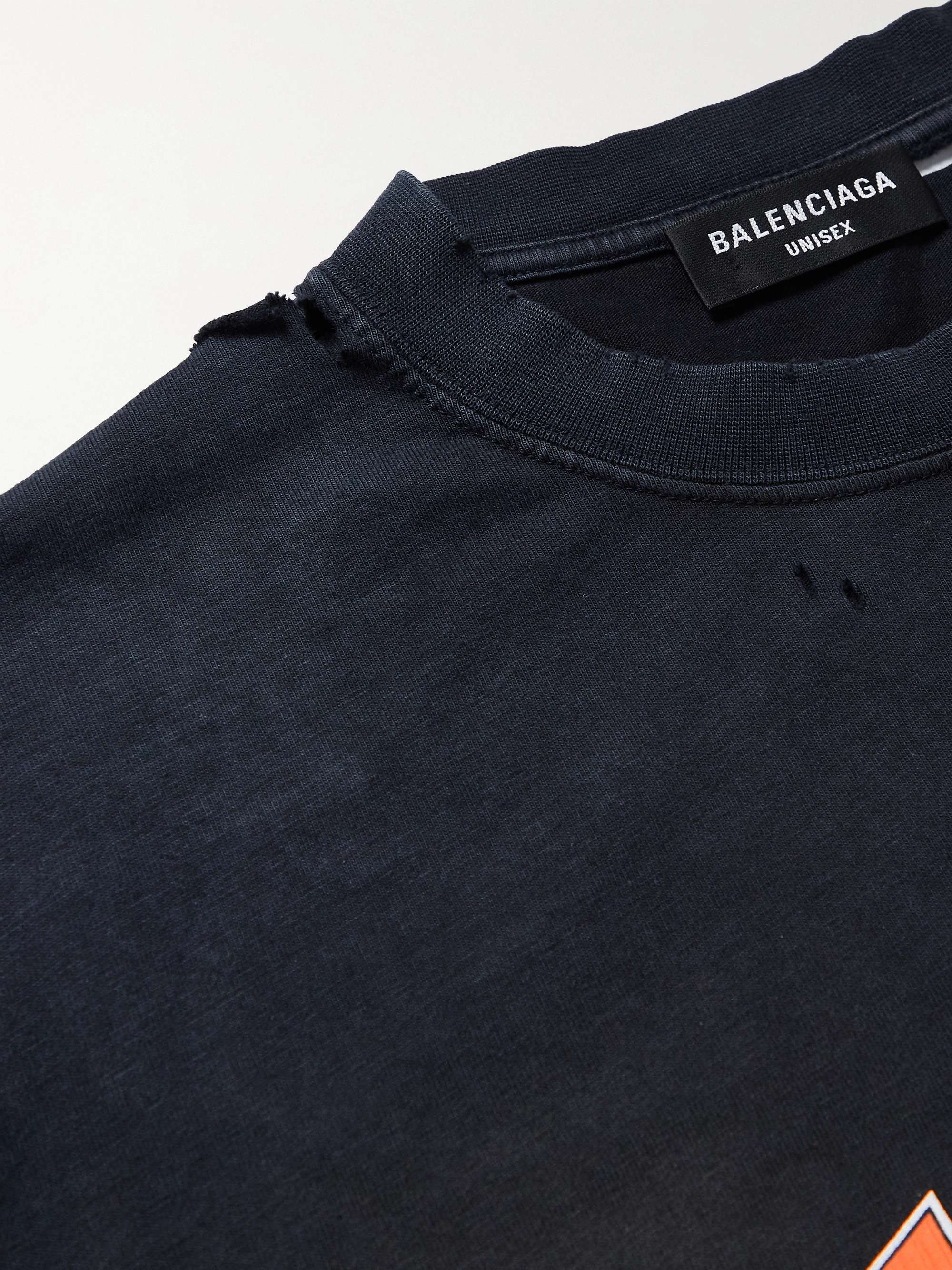 BALENCIAGA Distressed Logo-Print Washed Cotton-Jersey T-Shirt | MR PORTER