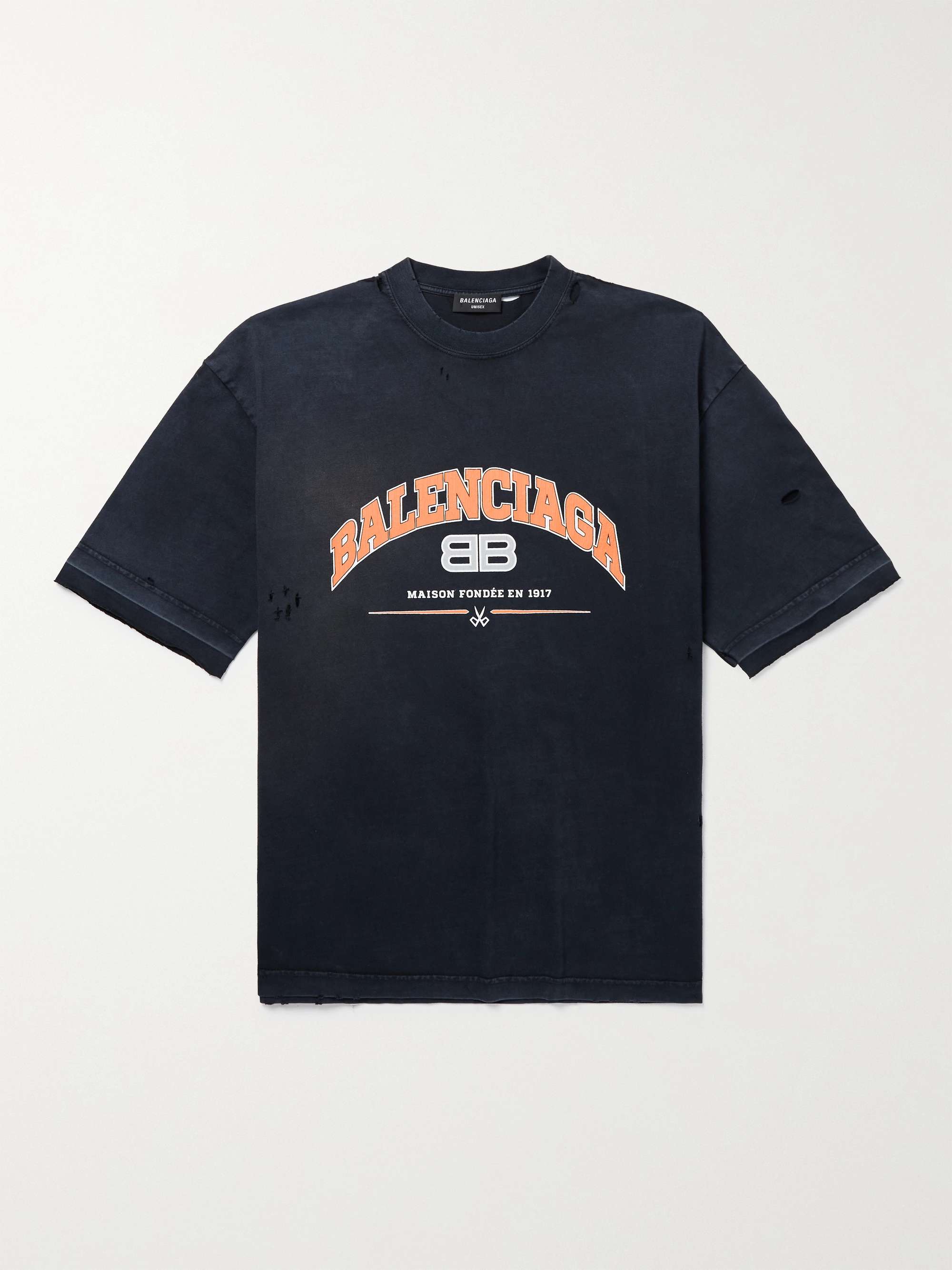 Black Distressed Logo-Print Washed Cotton-Jersey T-Shirt | BALENCIAGA ...