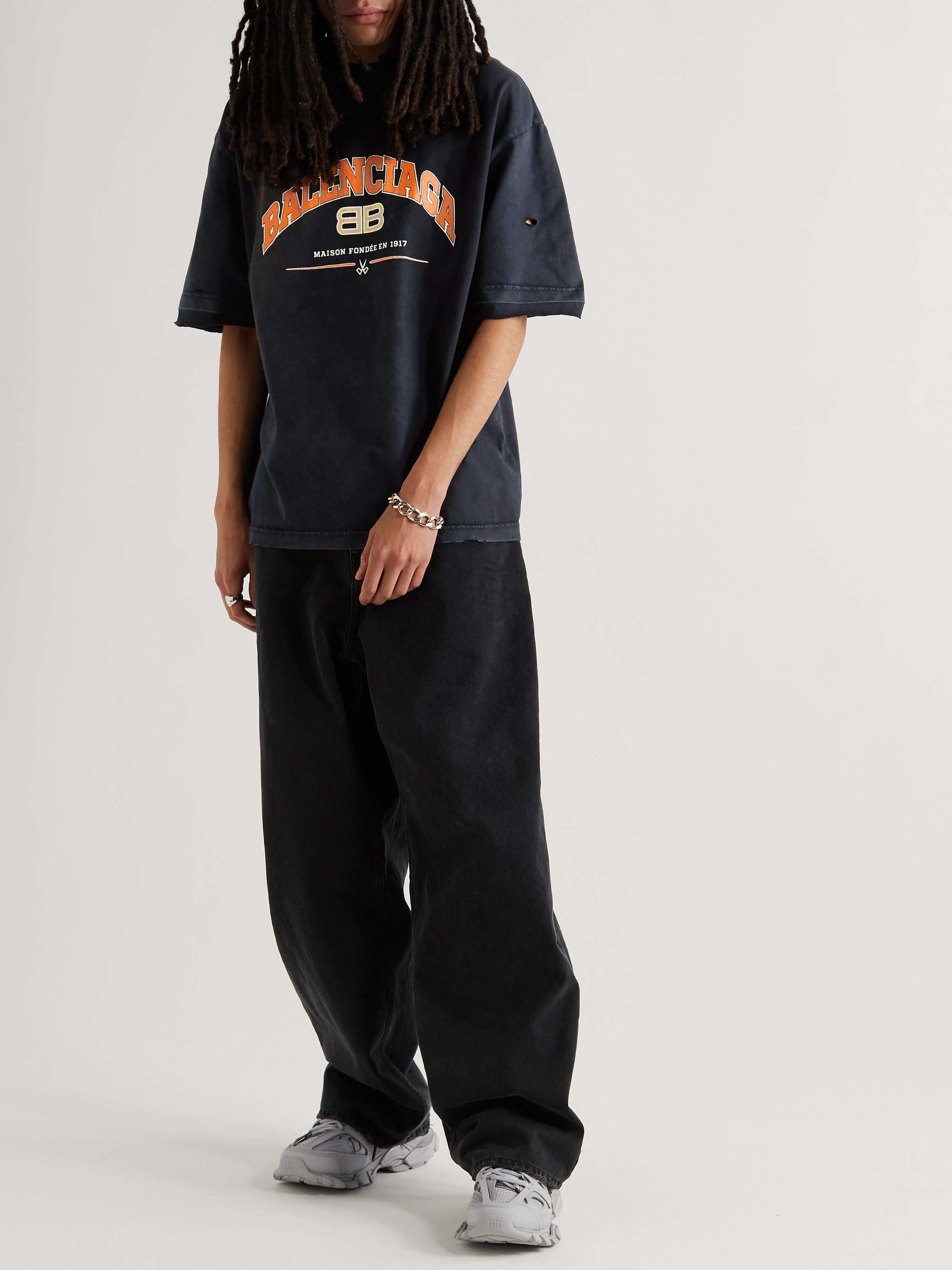BALENCIAGA Distressed Logo-Print Washed Cotton-Jersey T-Shirt