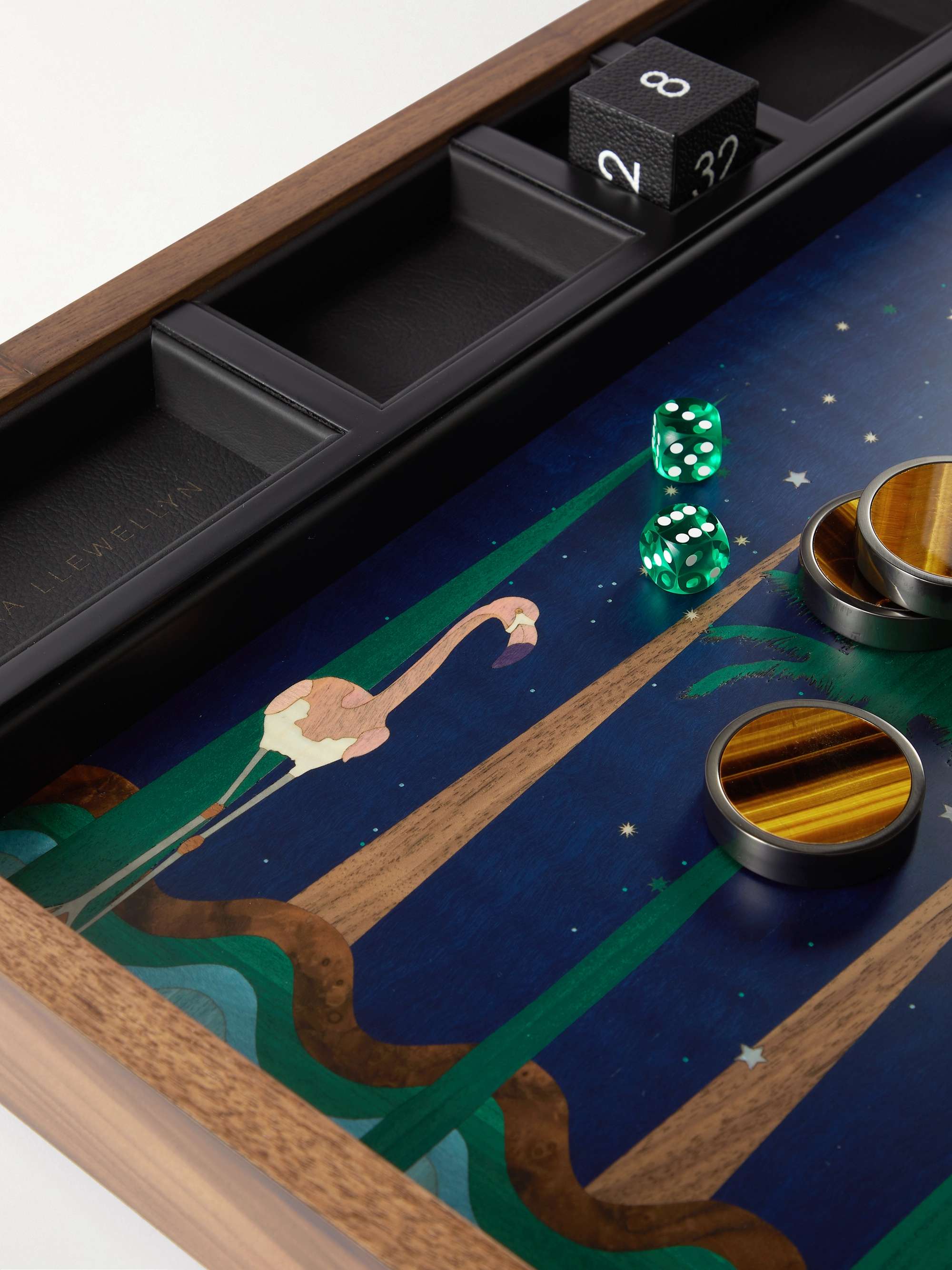 ALEXANDRA LLEWELLYN Midnight Marquetry Wood, Leather and Multi-Stone Backgammon Set