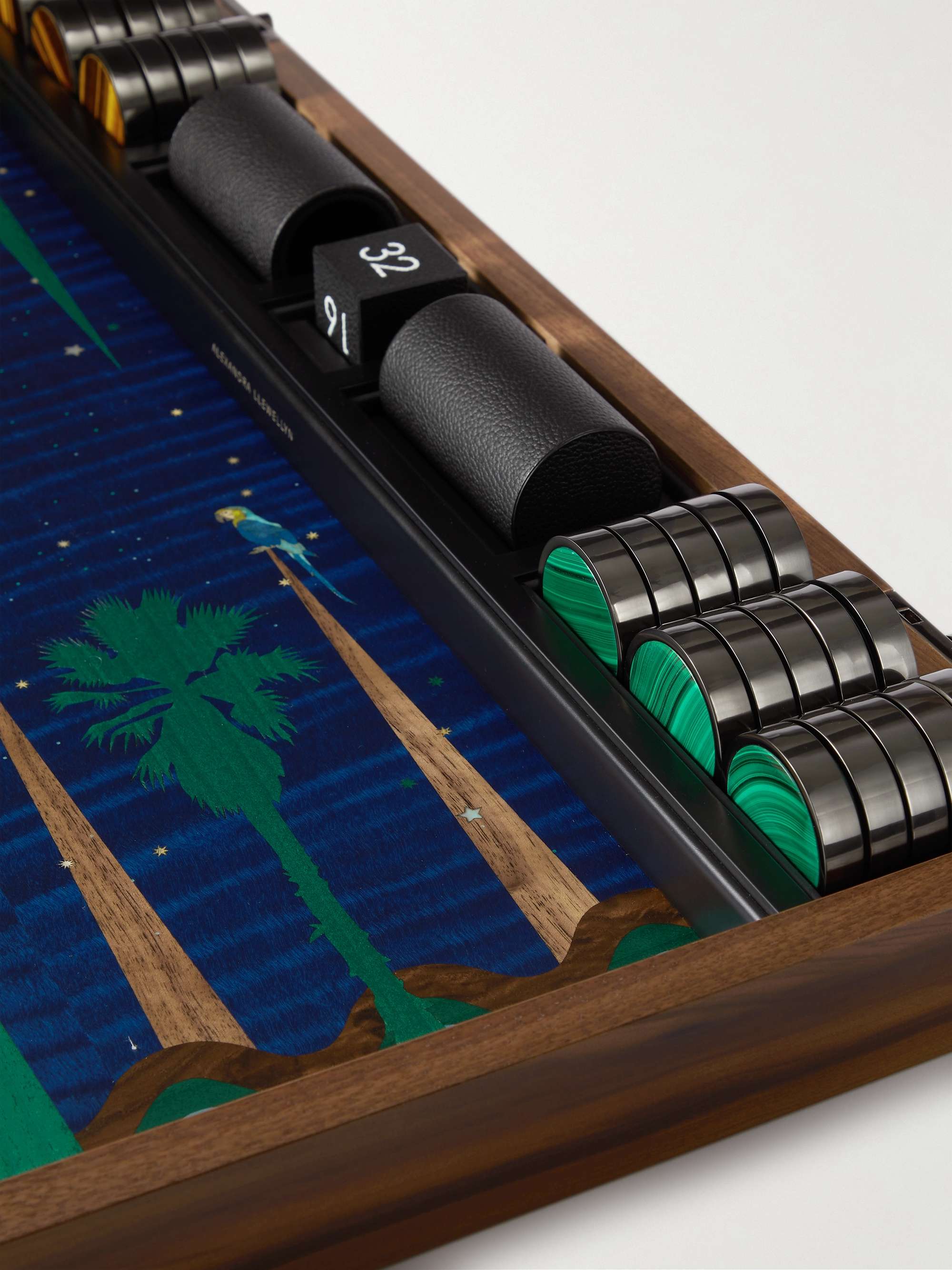 ALEXANDRA LLEWELLYN Midnight Marquetry Wood, Leather and Multi-Stone Backgammon Set