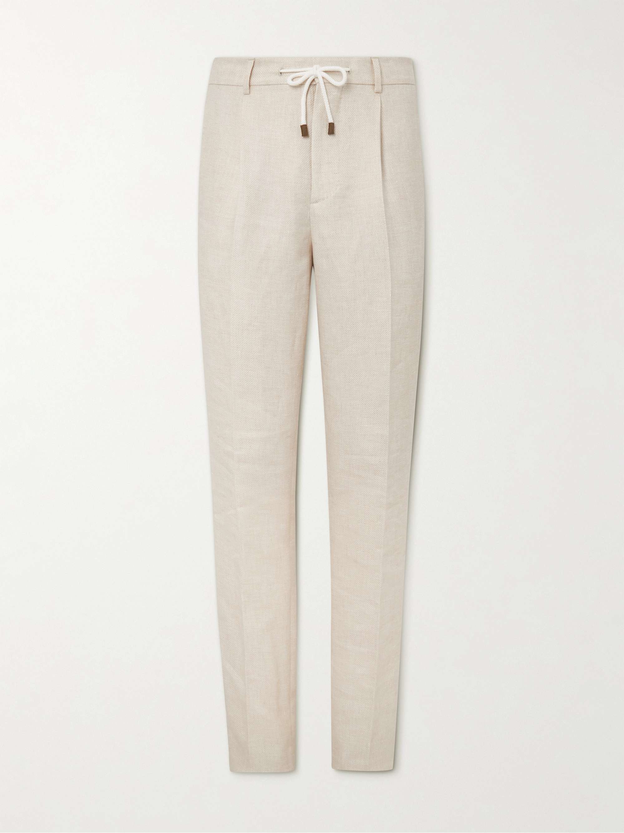Straight Leg Pleated Linen Wool and Silk Blend Drawstring Suit Trousers