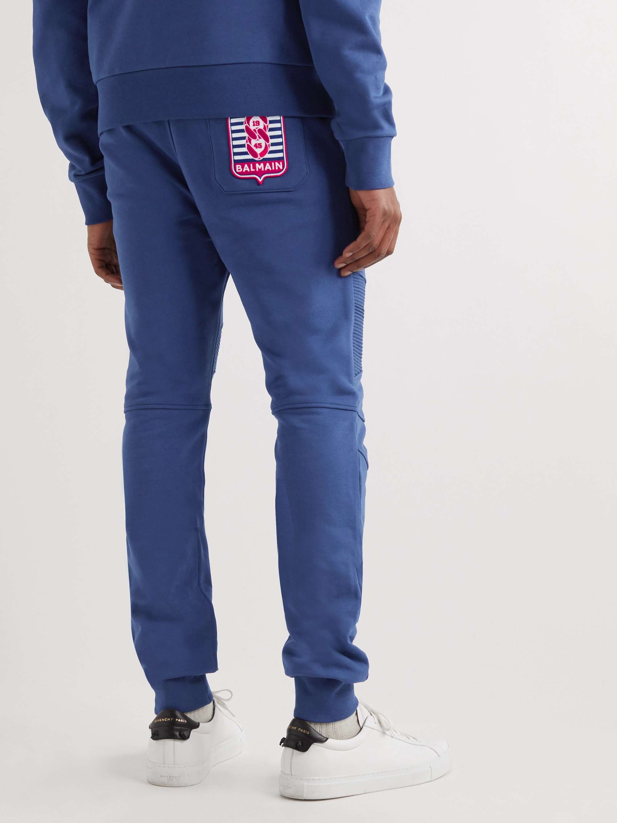 BALMAIN Tapered Logo-Appliquéd Panelled Cotton-Jersey Sweatpants