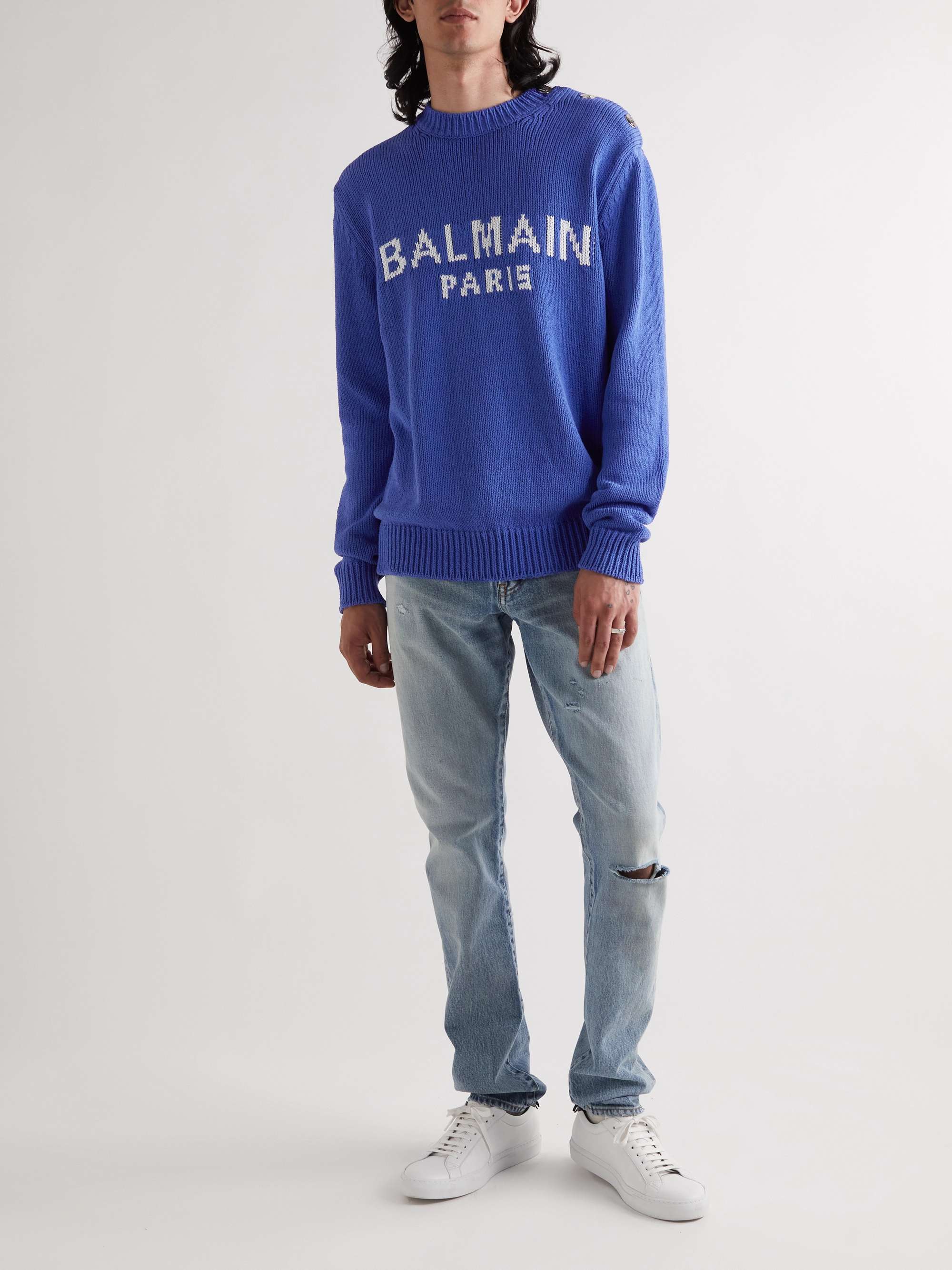 BALMAIN Button-Embellished Logo-Intarsia Cotton-Blend Sweater for Men ...